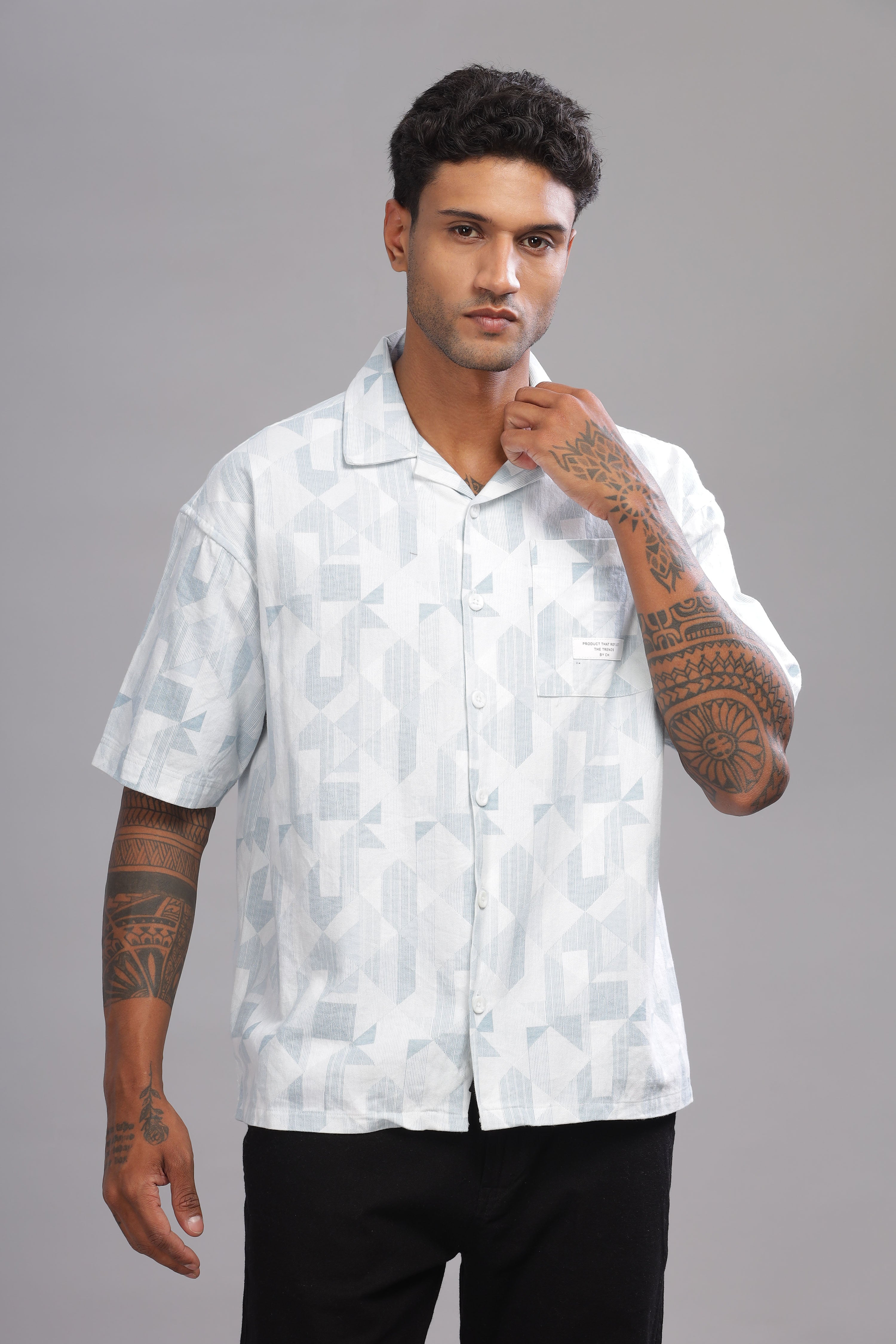 Color Hunt Men's Cotton White-Blue Half Sleeve Printed Oversize Shirt - Colorhunt