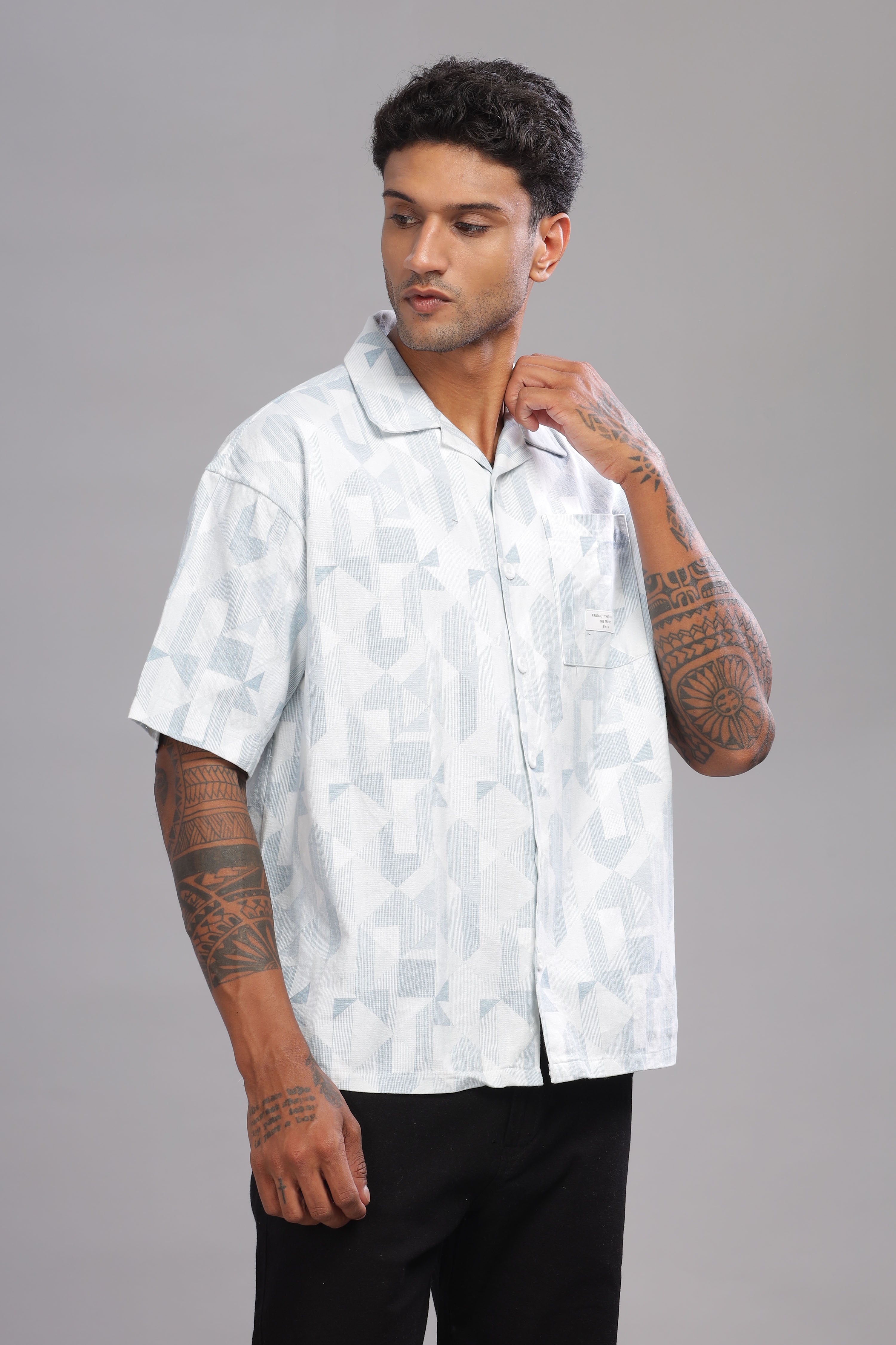 Color Hunt Men's Cotton White-Blue Half Sleeve Printed Oversize Shirt - Colorhunt