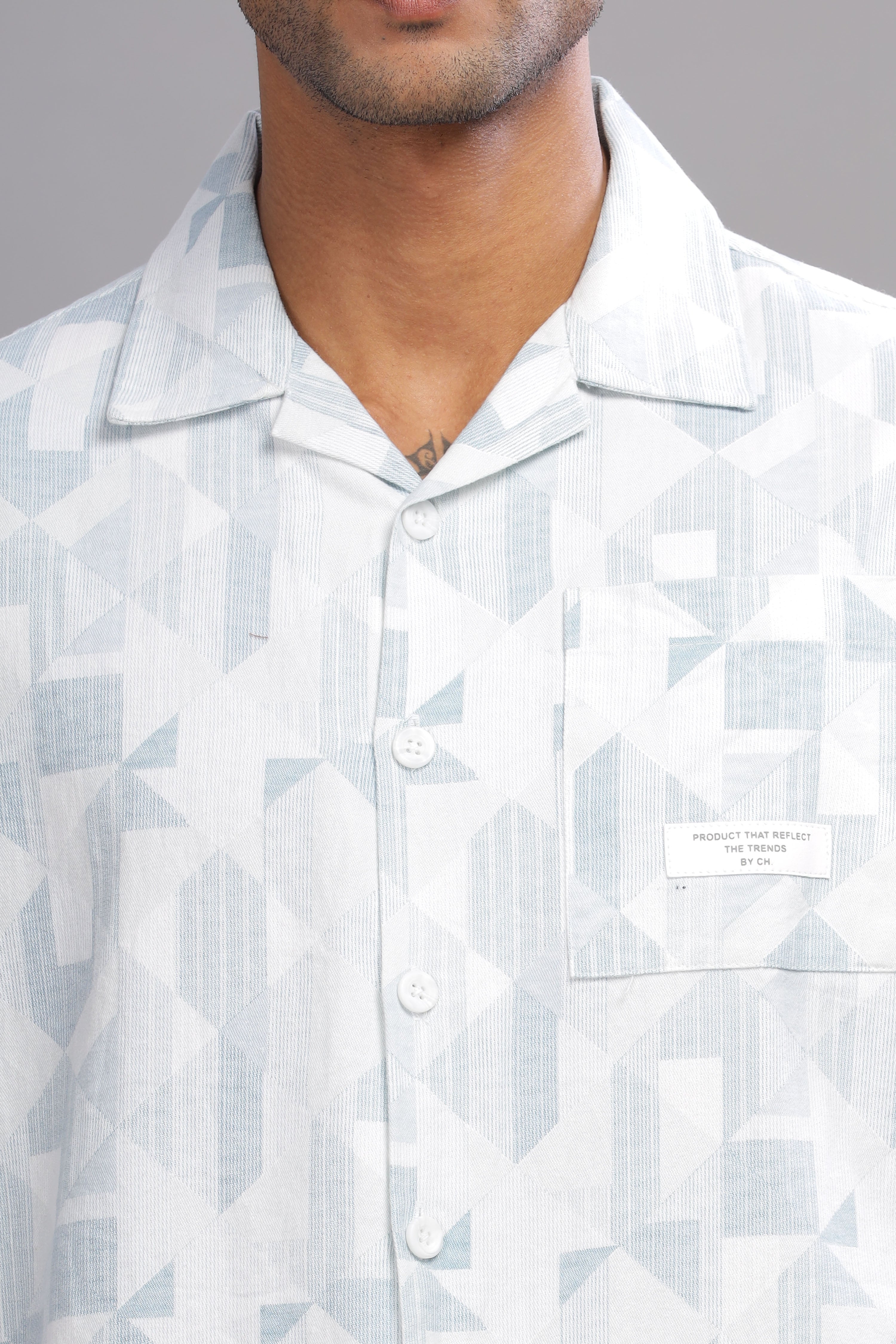 Color Hunt Men's Cotton White-Blue Half Sleeve Printed Oversize Shirt - Colorhunt