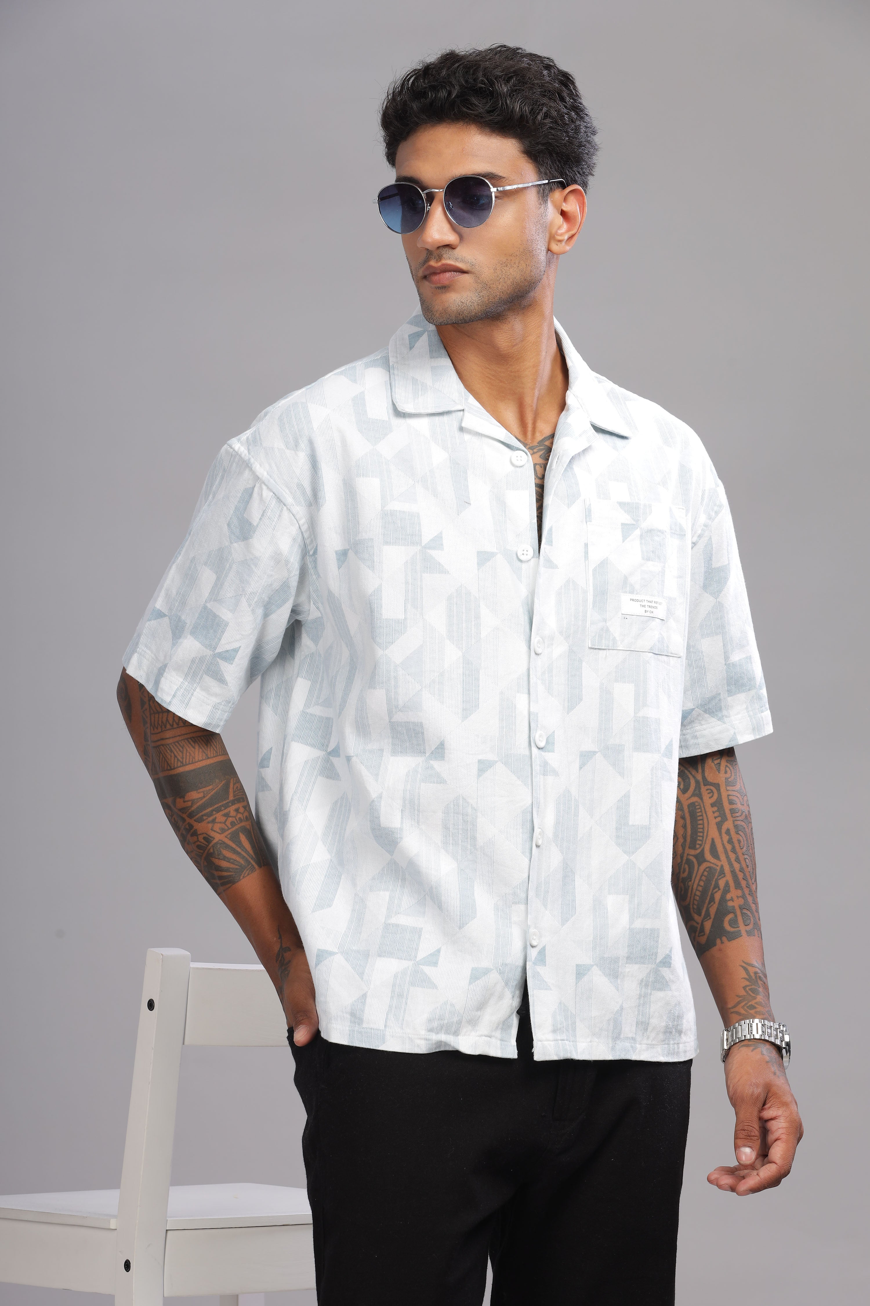 Color Hunt Men's Cotton White-Blue Half Sleeve Printed Oversize Shirt - Colorhunt