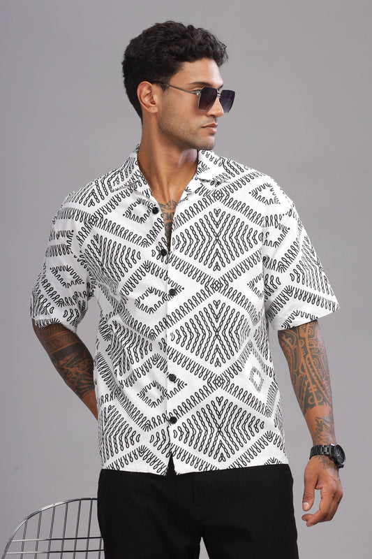 Color Hunt Men's Cotton White Half Sleeve Printed Oversize Shirt - Colorhunt