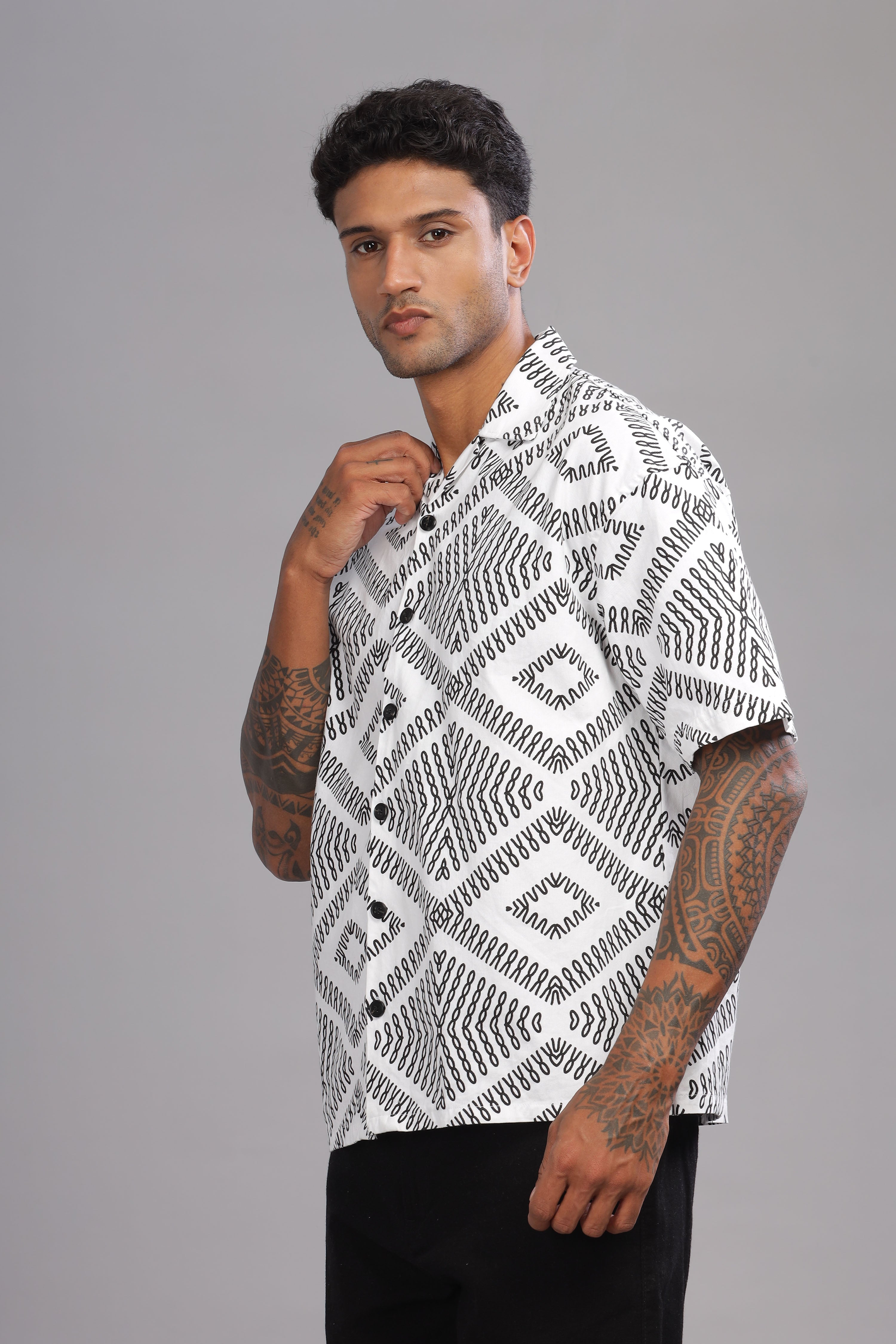 Color Hunt Men's Cotton White Half Sleeve Printed Oversize Shirt - Colorhunt