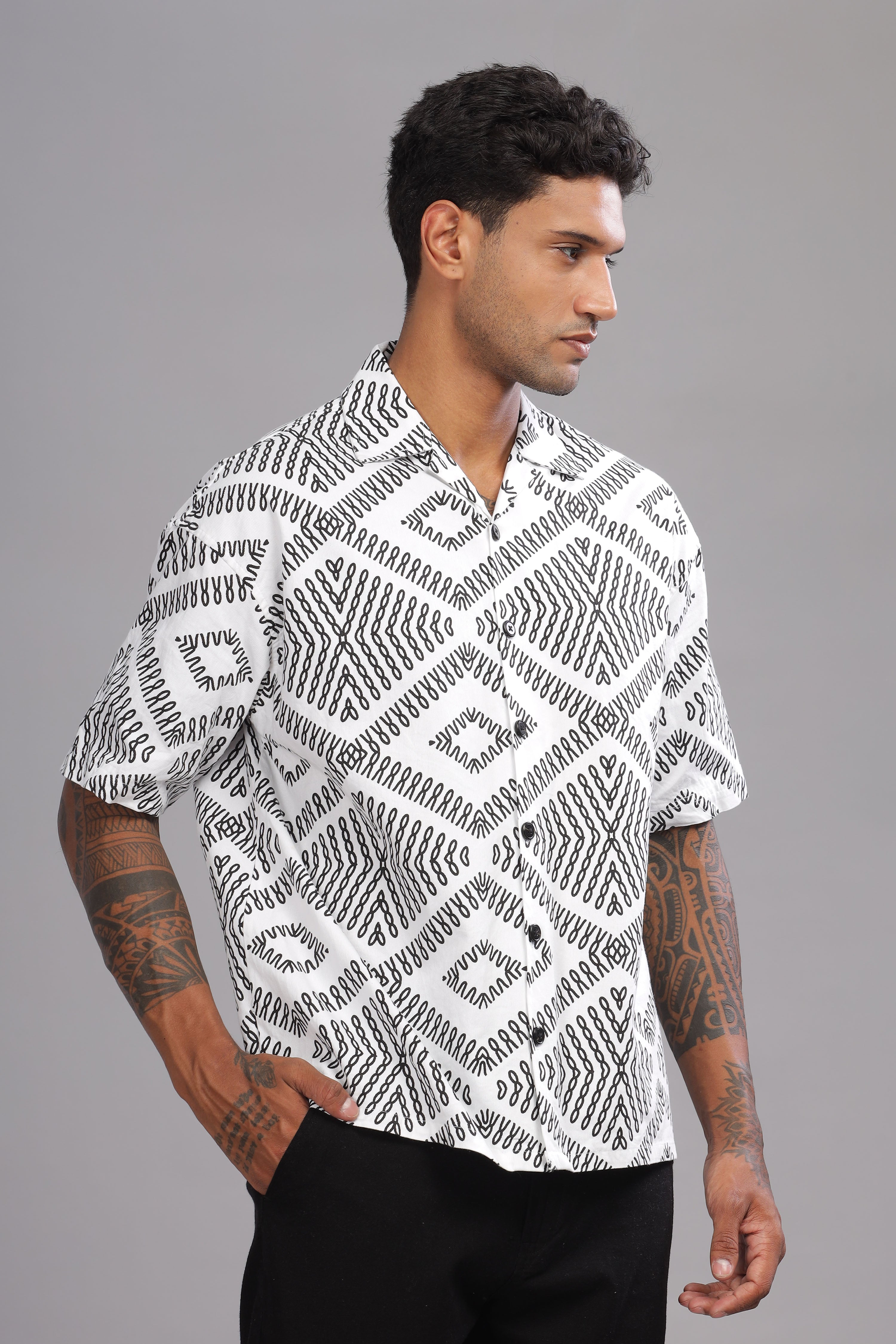 Color Hunt Men's Cotton White Half Sleeve Printed Oversize Shirt - Colorhunt