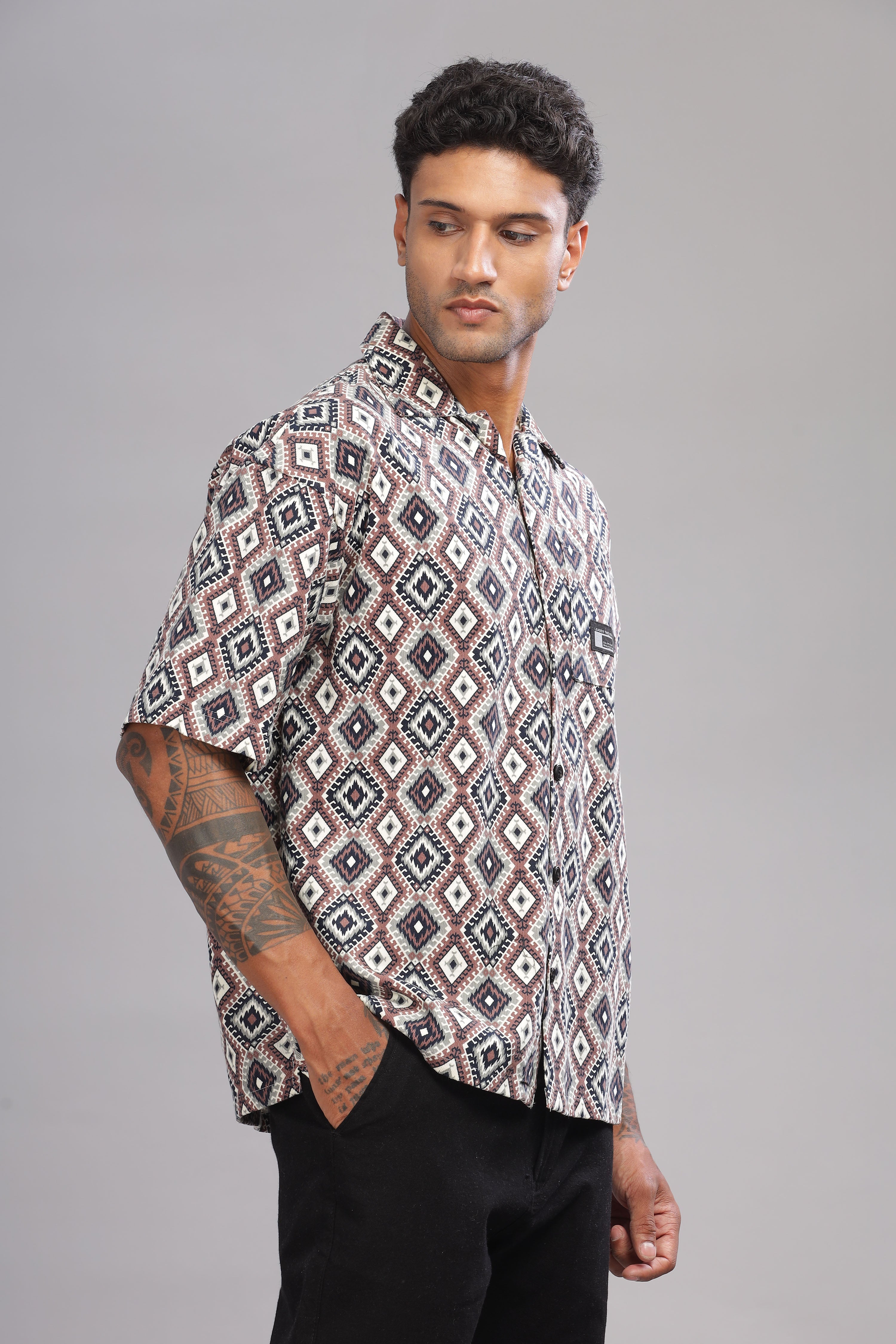 Color Hunt Men's Cotton Black-Brown Half Sleeve Printed Oversize Shirt - Colorhunt