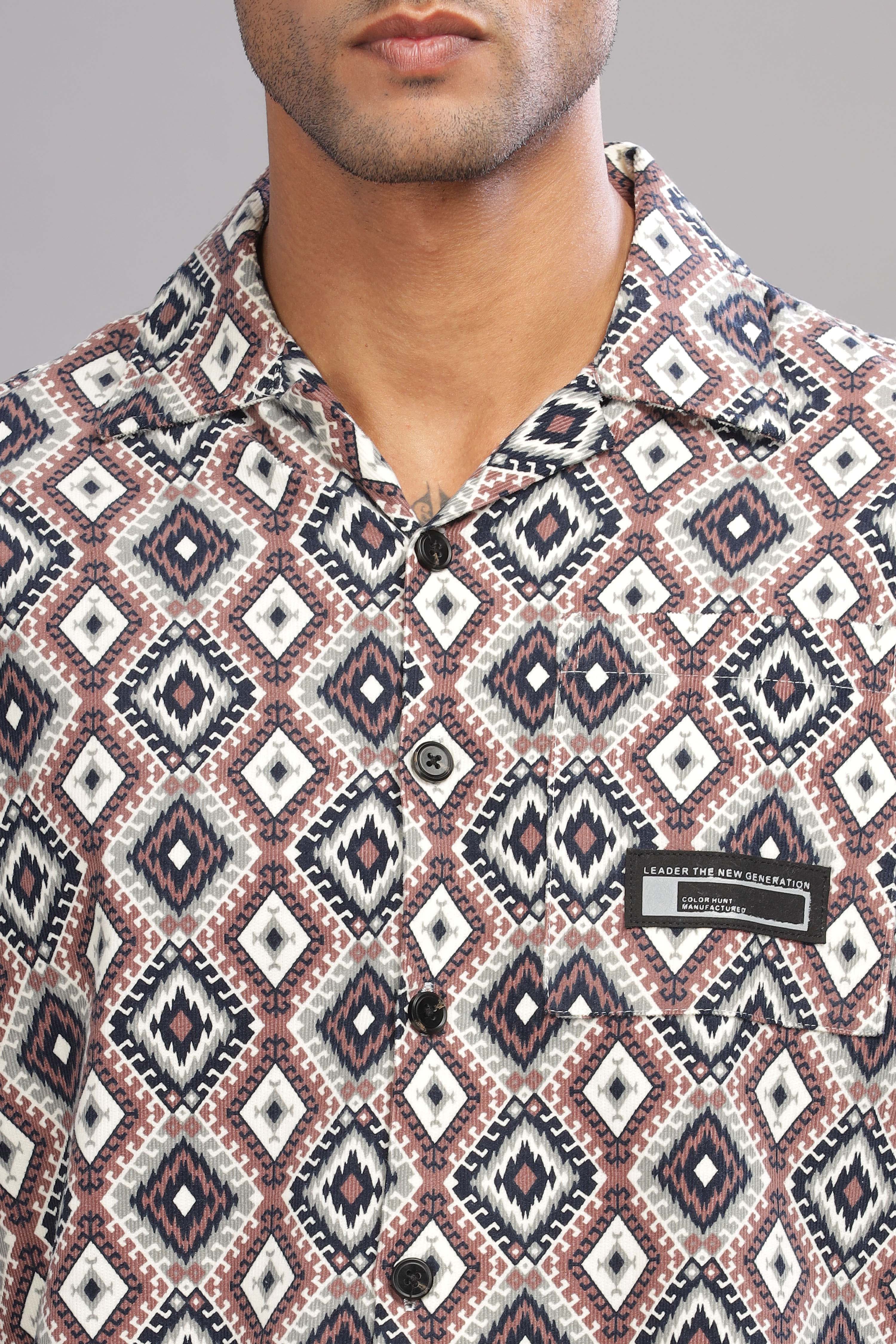 Color Hunt Men's Cotton Black-Brown Half Sleeve Printed Oversize Shirt - Colorhunt