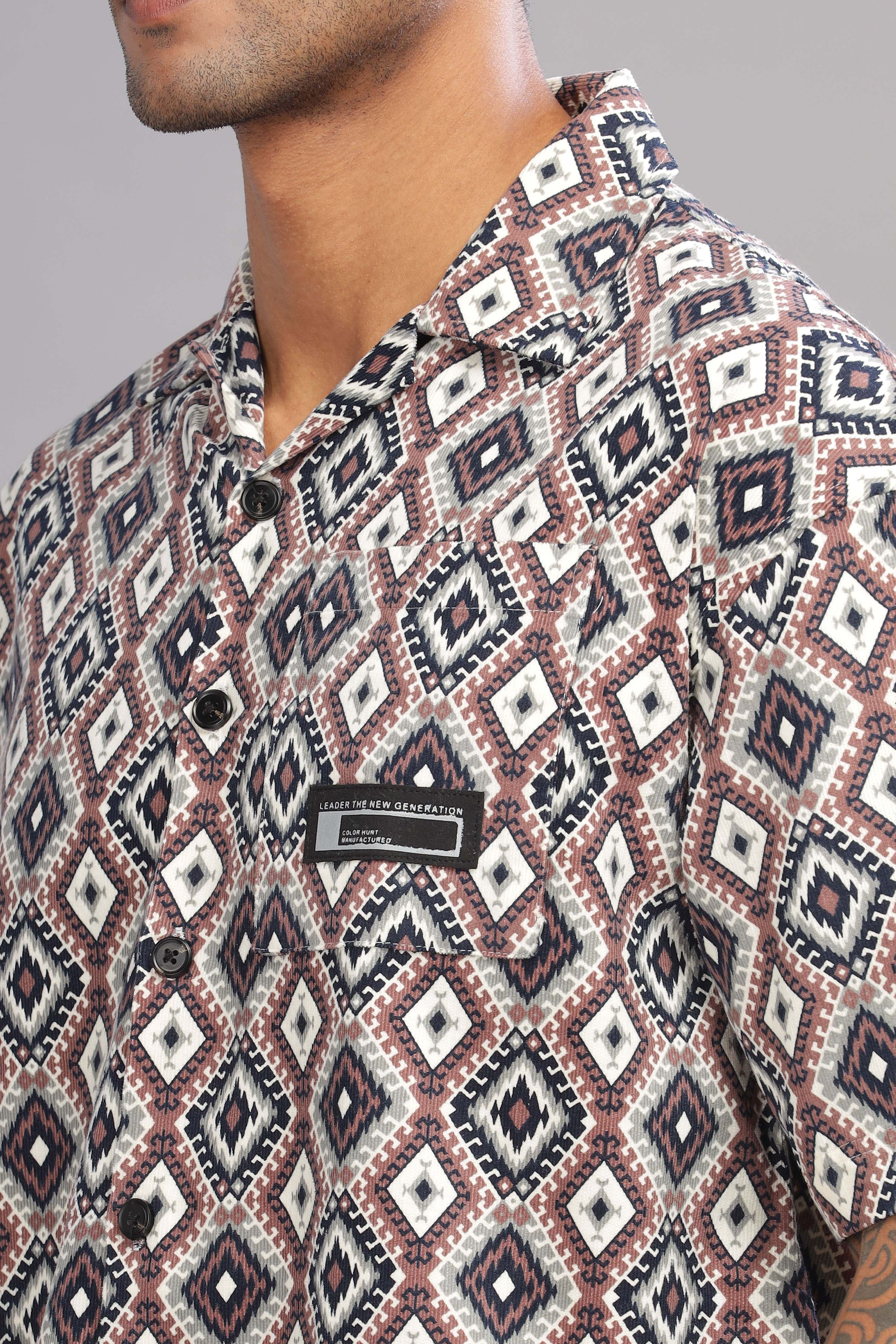 Color Hunt Men's Cotton Black-Brown Half Sleeve Printed Oversize Shirt - Colorhunt