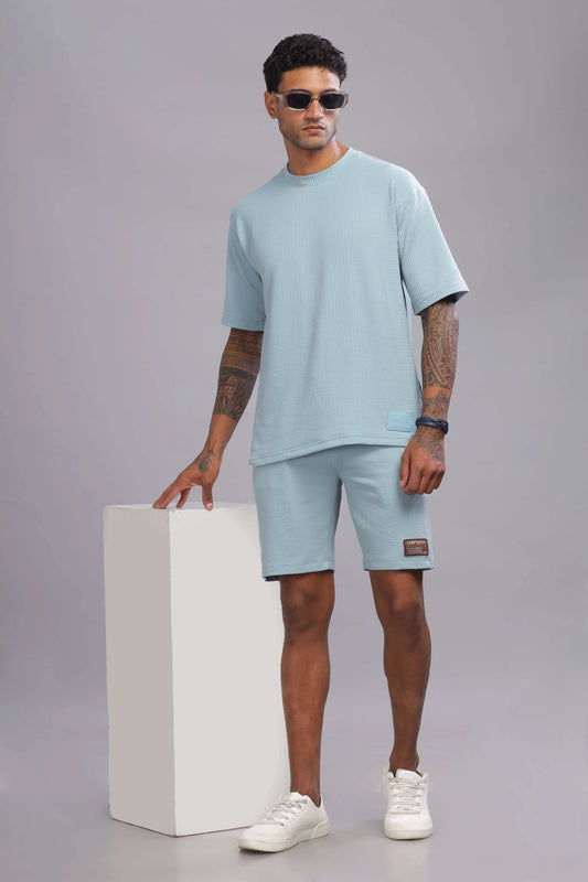 Color Hunt Men's Sky Blue Soft Fabric Oversized T-Shirt and Knee-Length Shorts Co-ord Set - Colorhunt