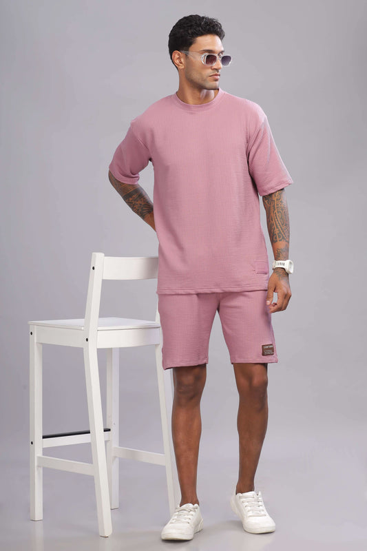 Color Hunt Men's Pink Soft Fabric Oversized T-Shirt and Knee-Length Shorts Co-ord Set - Colorhunt