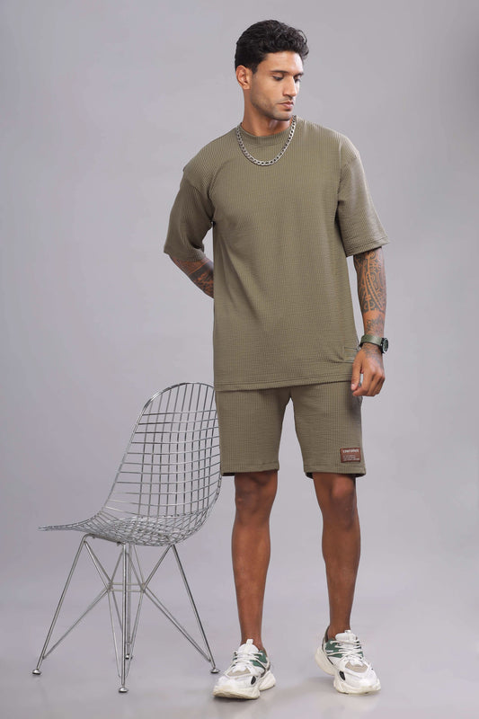 Color Hunt Men's Olive Soft Fabric Oversized T-Shirt and Knee-Length Shorts Co-ord Set - Colorhunt