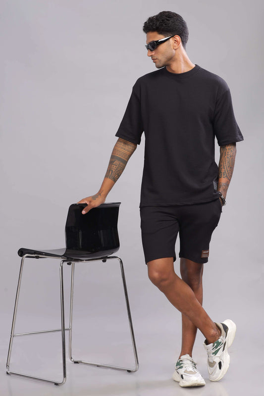 Color Hunt Men's Black Soft Fabric Oversized T-Shirt and Knee-Length Shorts Co-ord Set - Colorhunt