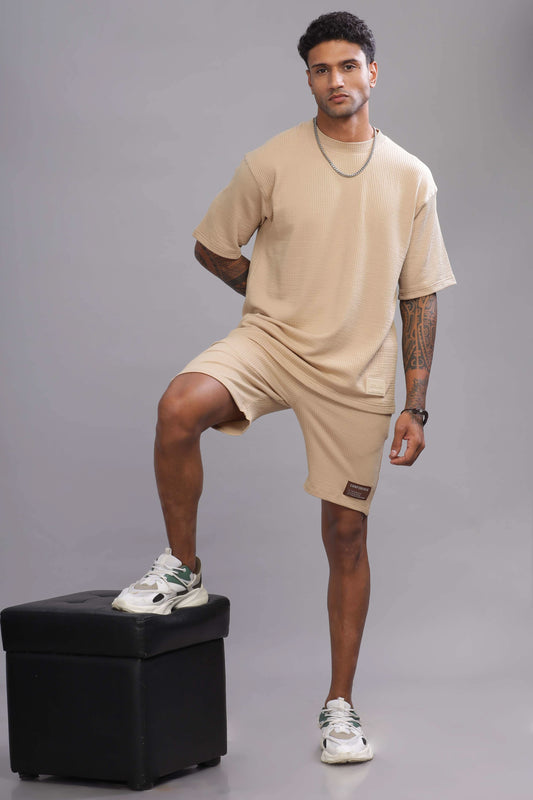 Color Hunt Men's Beige Soft Fabric Oversized T-Shirt and Knee-Length Shorts Co-ord Set - Colorhunt