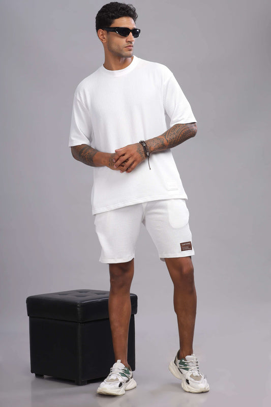 Color Hunt Men's White Soft Fabric Oversized T-Shirt and Knee-Length Shorts Co-ord Set - Colorhunt