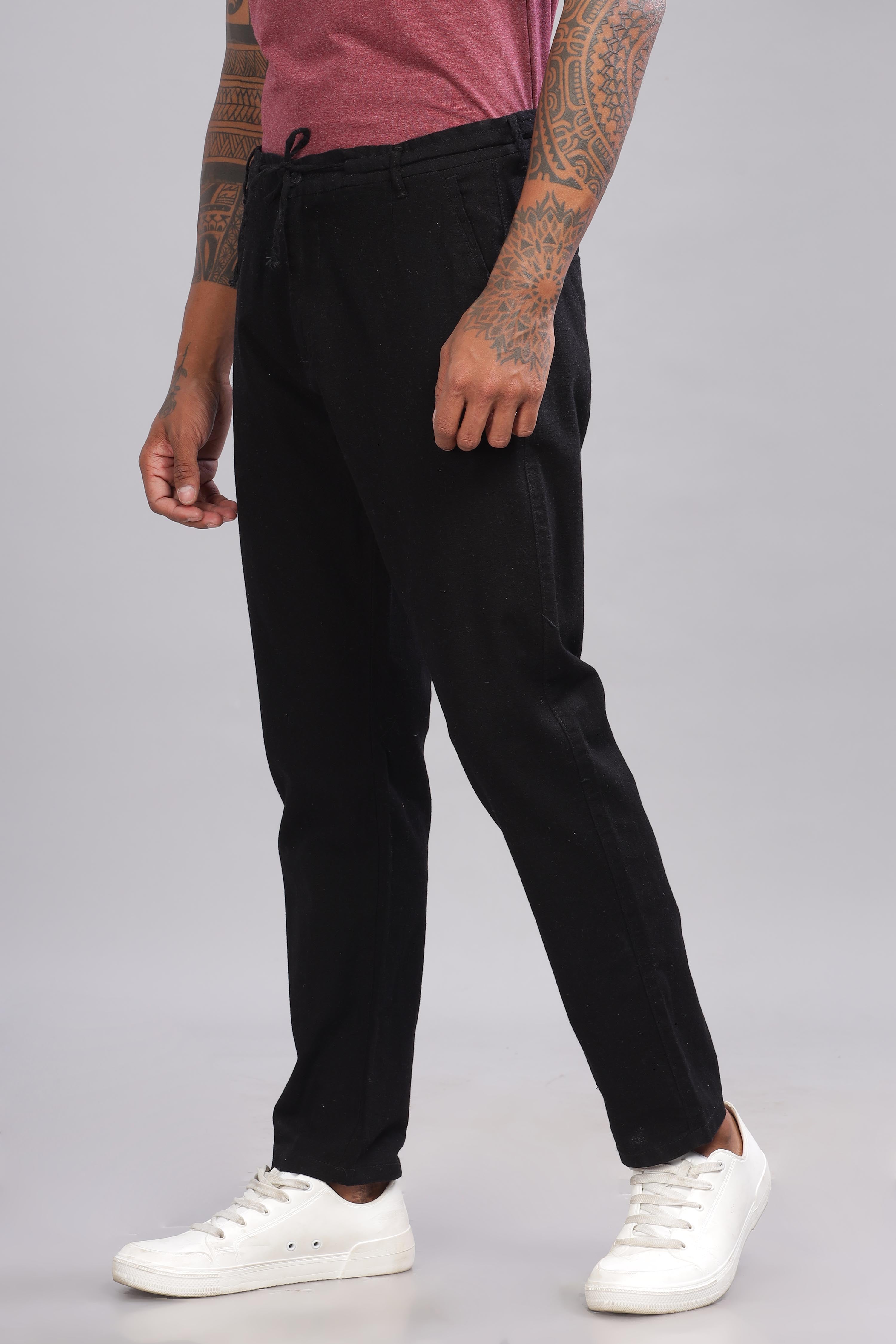 Color Hunt Men's Black Full Length Tapered Fit Linen Trouser - Colorhunt