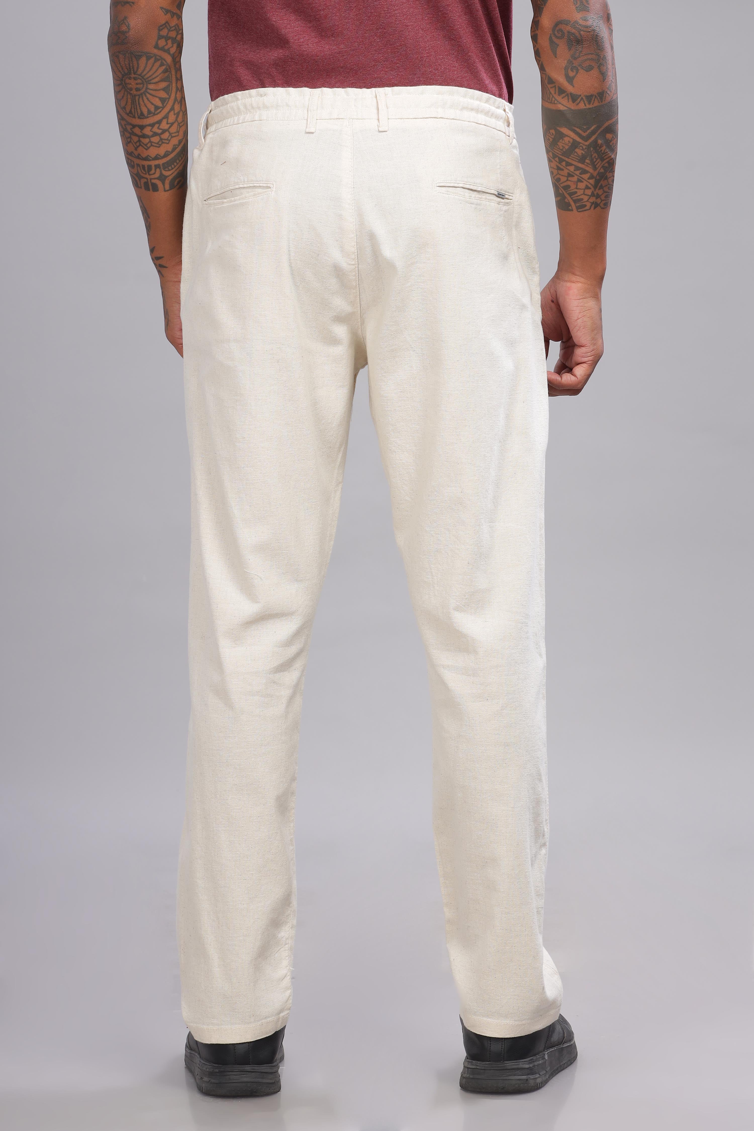 Color Hunt Men's Cream Full Length Tapered Fit Linen Trouser - Colorhunt