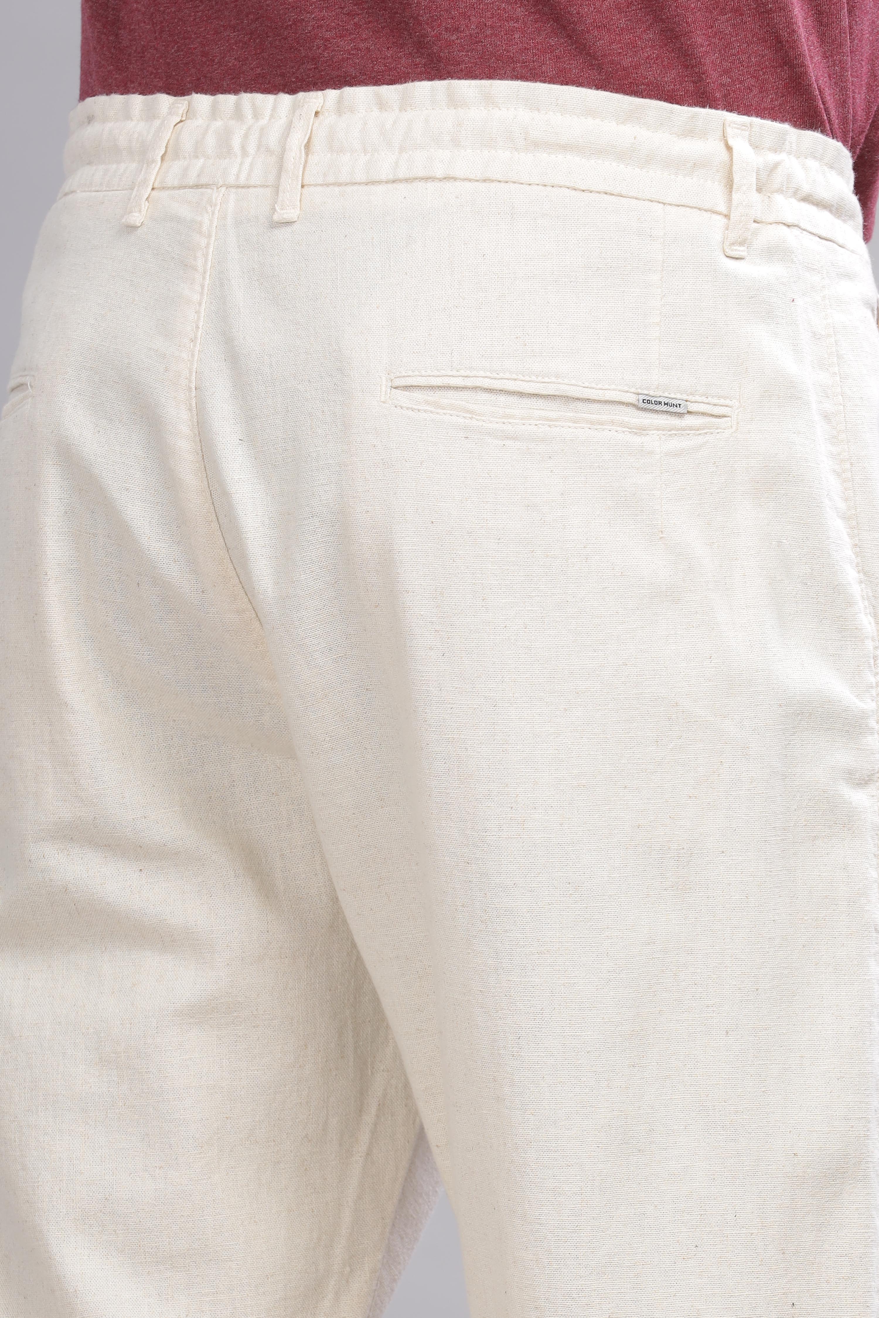 Color Hunt Men's Cream Full Length Tapered Fit Linen Trouser - Colorhunt