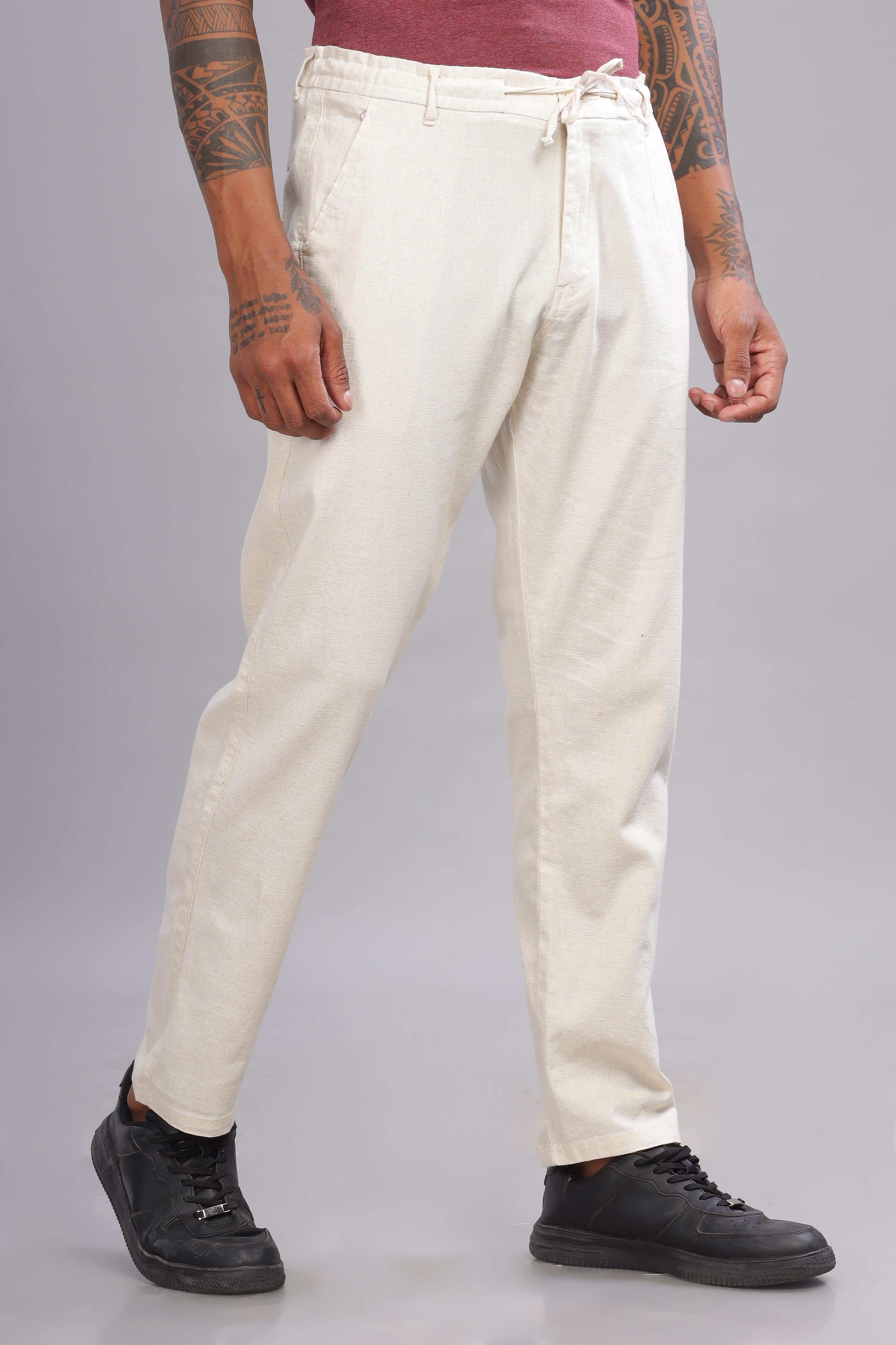 Color Hunt Men's Cream Full Length Tapered Fit Linen Trouser - Colorhunt