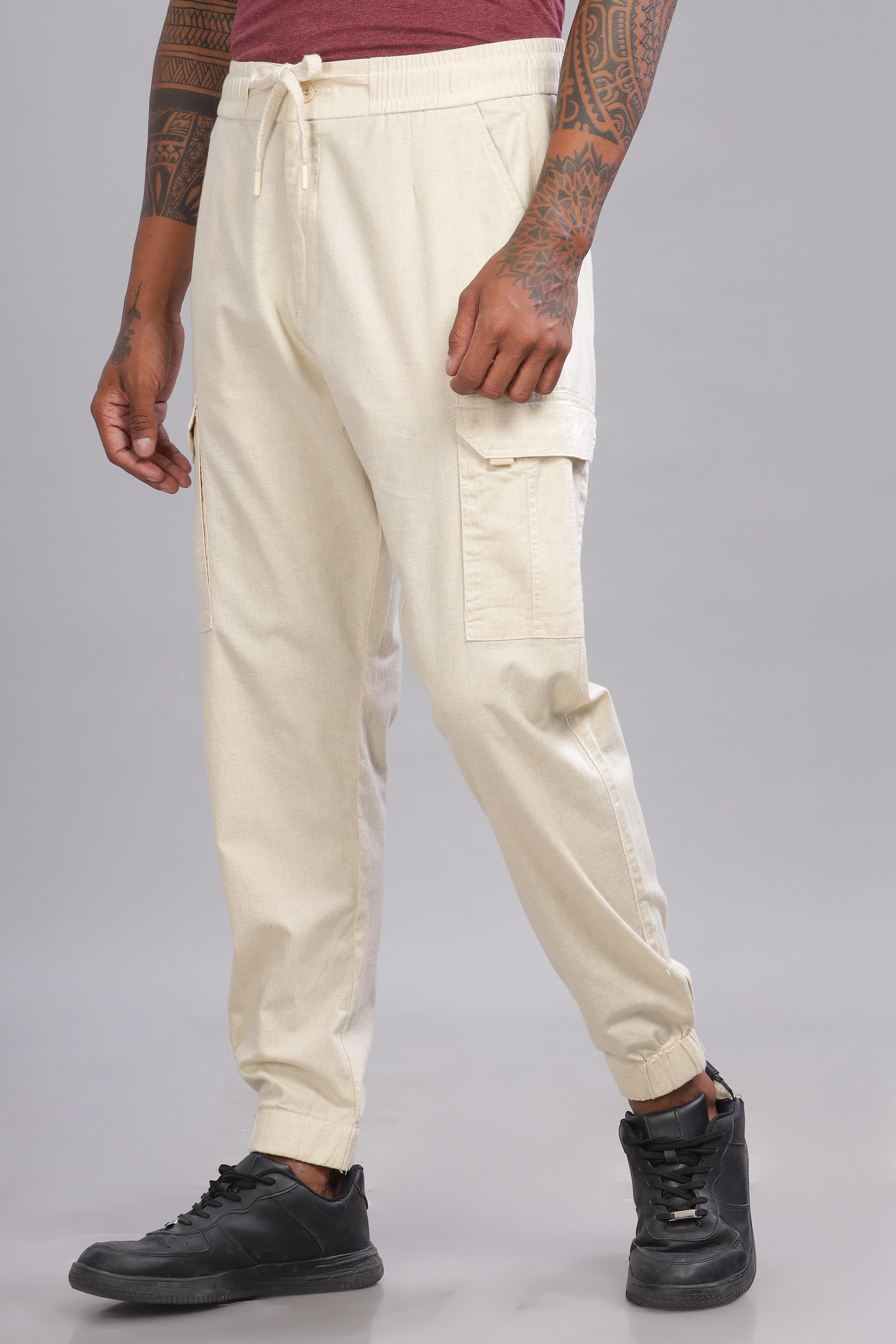 Color Hunt Men's Off-White Full Length Jogger Fit Cargo Joggers - Colorhunt