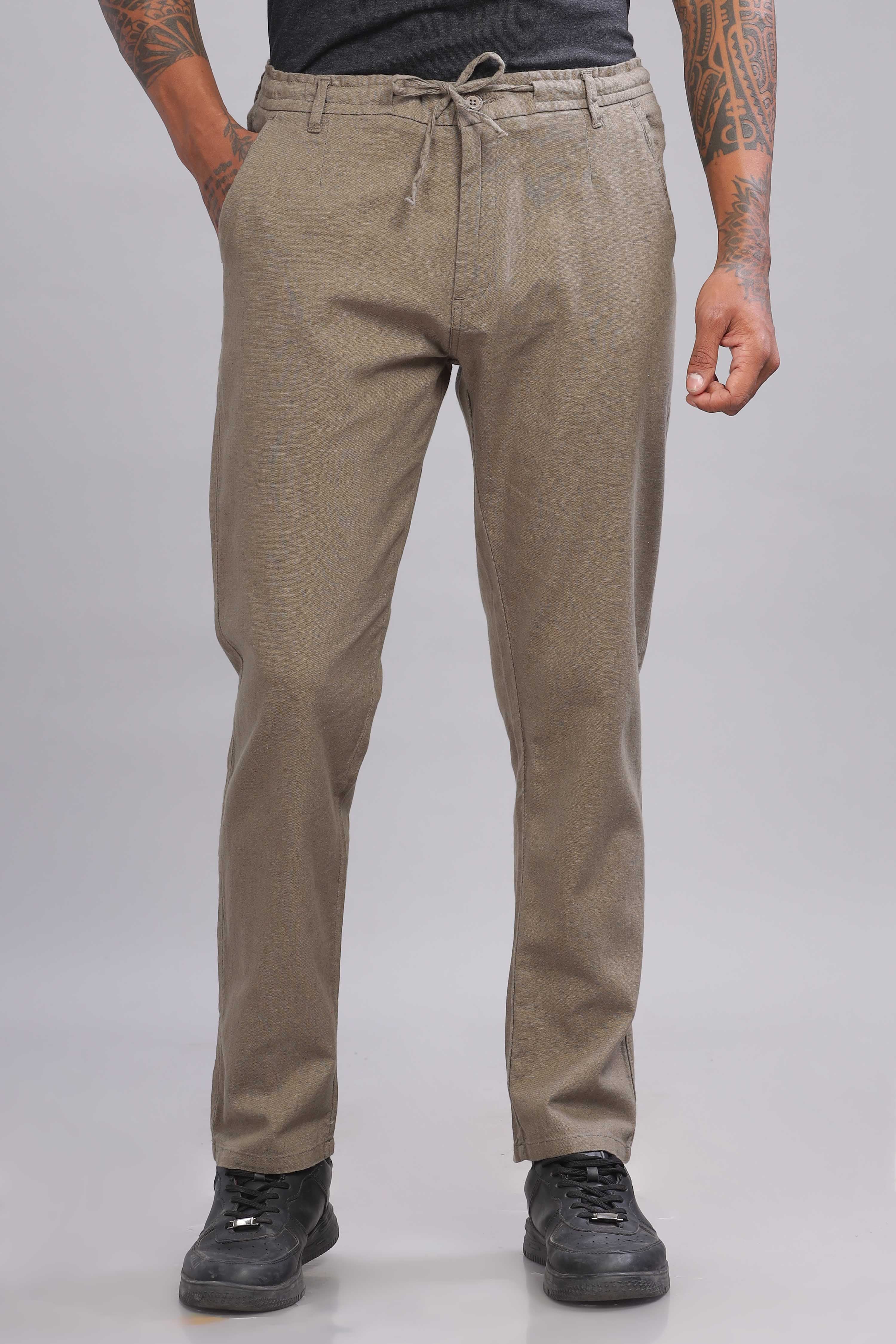 Color Hunt Men's Olive Full Length Tapered Fit Linen Trouser - Colorhunt