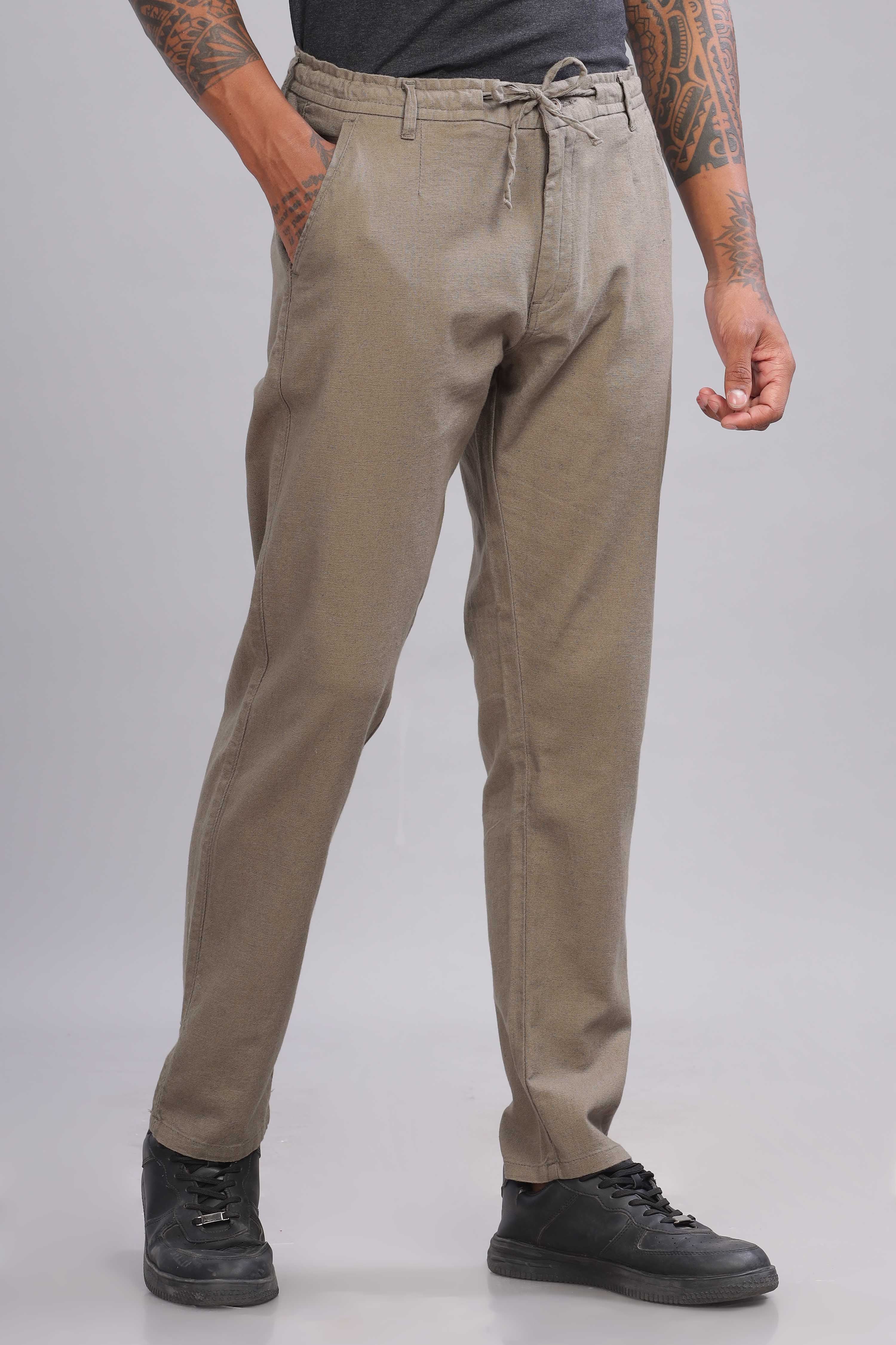 Color Hunt Men's Olive Full Length Tapered Fit Linen Trouser - Colorhunt