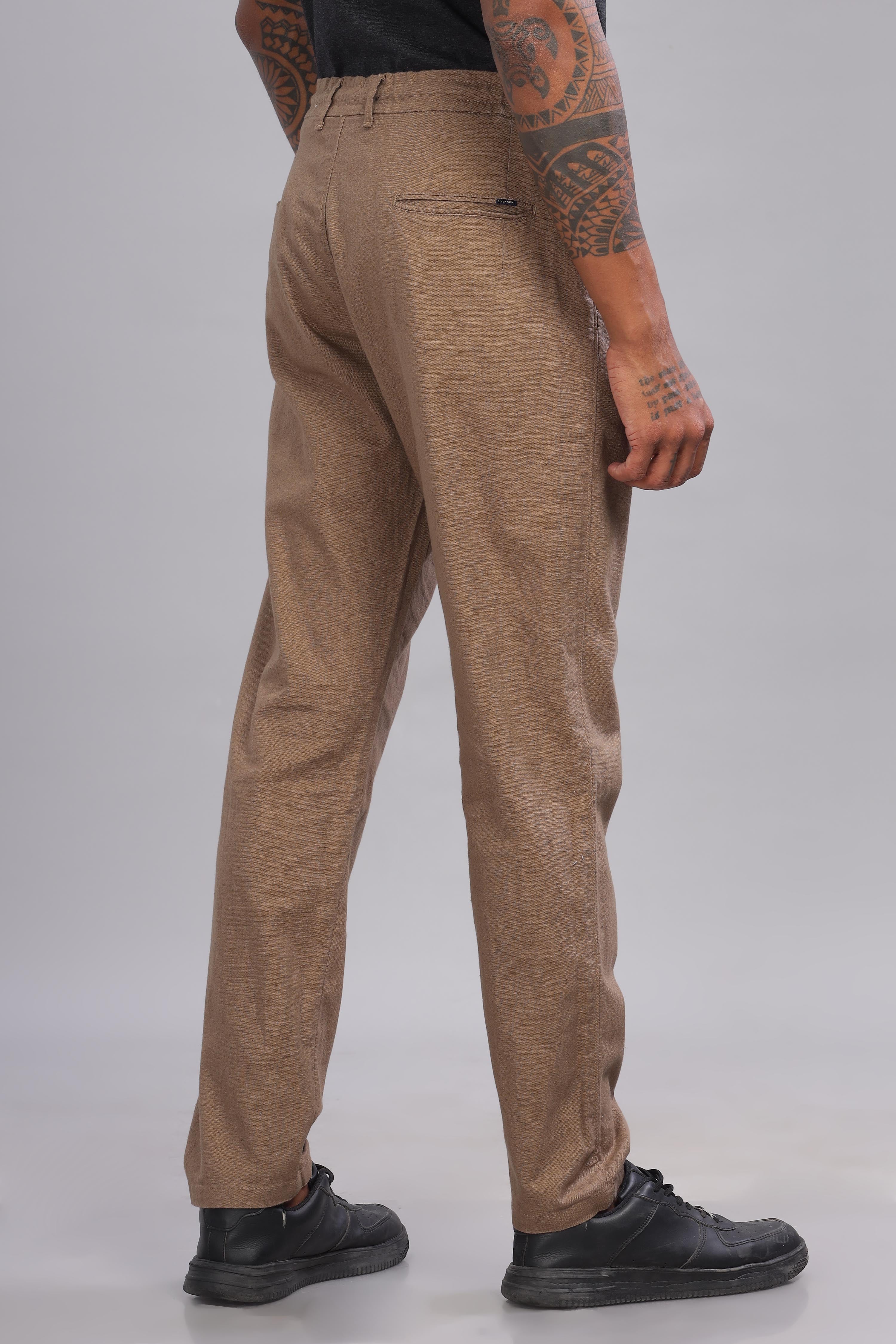 Color Hunt Men's Brown Full Length Tapered Fit Linen Trouser - Colorhunt