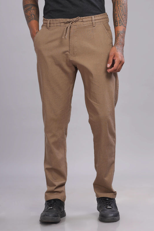 Color Hunt Men's Brown Full Length Tapered Fit Linen Trouser - Colorhunt