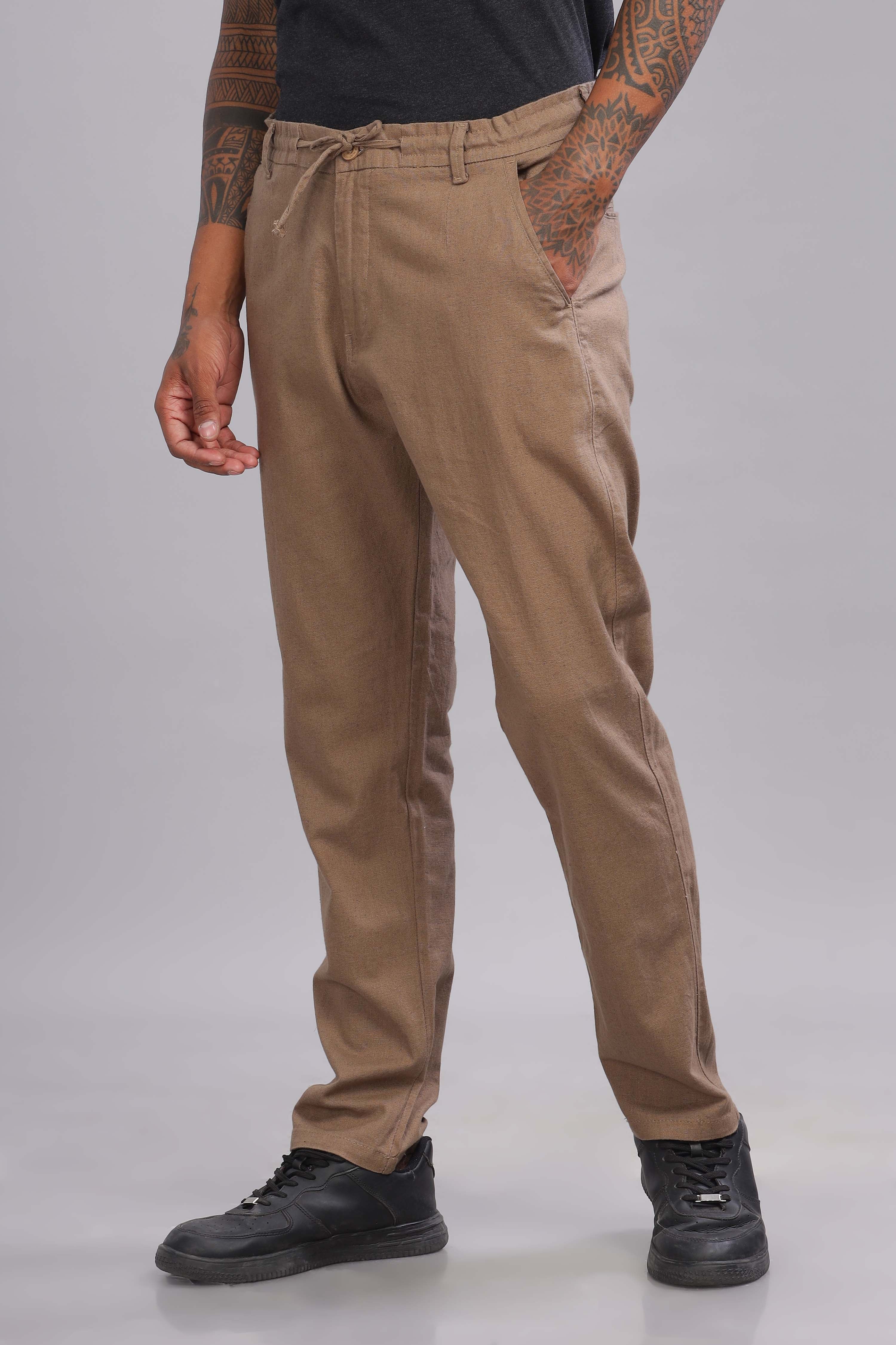 Color Hunt Men's Brown Full Length Tapered Fit Linen Trouser - Colorhunt