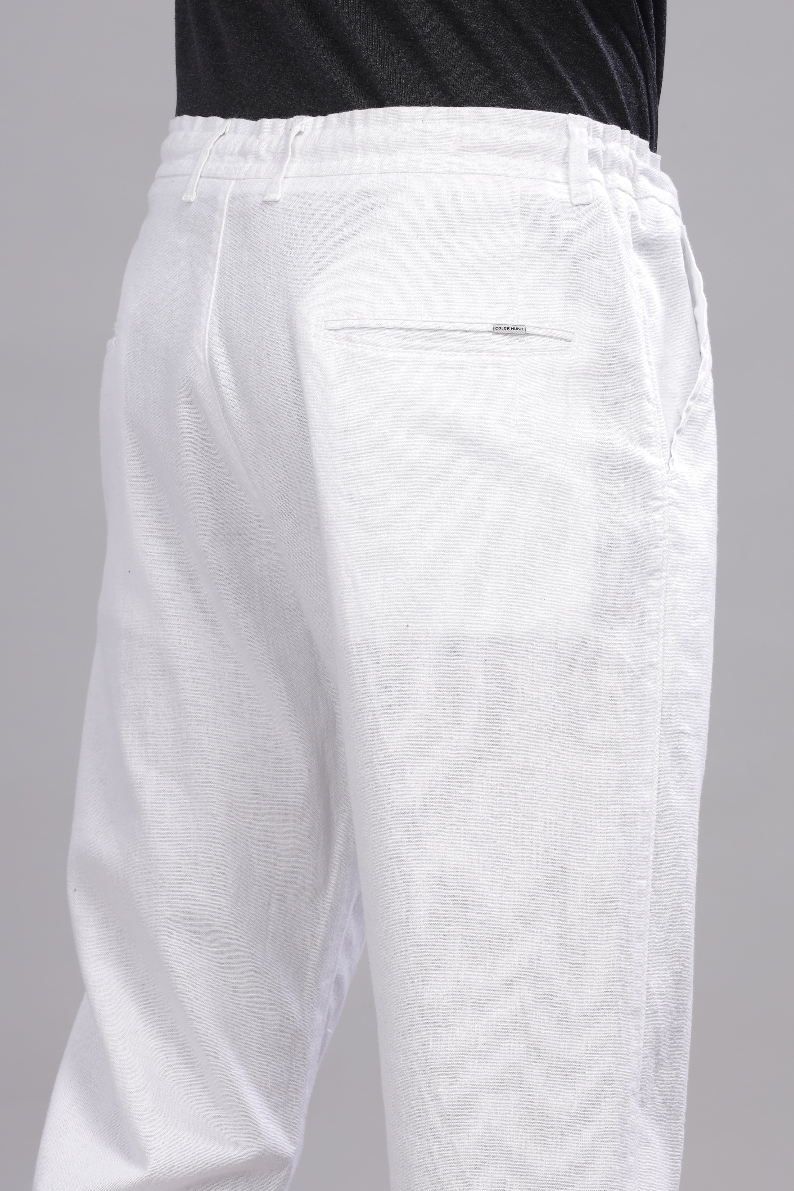 Color Hunt Men's White Full Length Tapered Fit Linen Trouser - Colorhunt