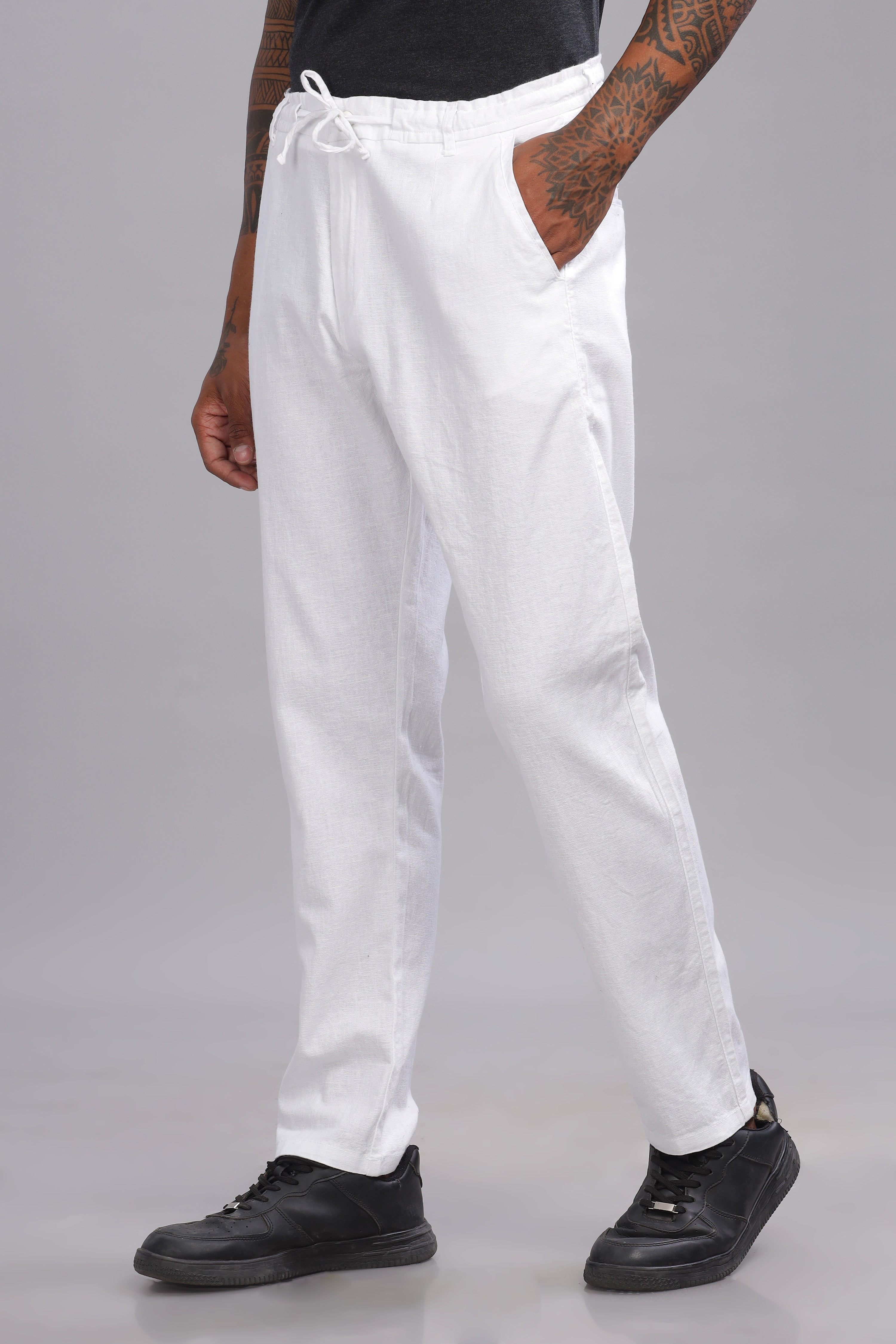 Color Hunt Men's White Full Length Tapered Fit Linen Trouser - Colorhunt