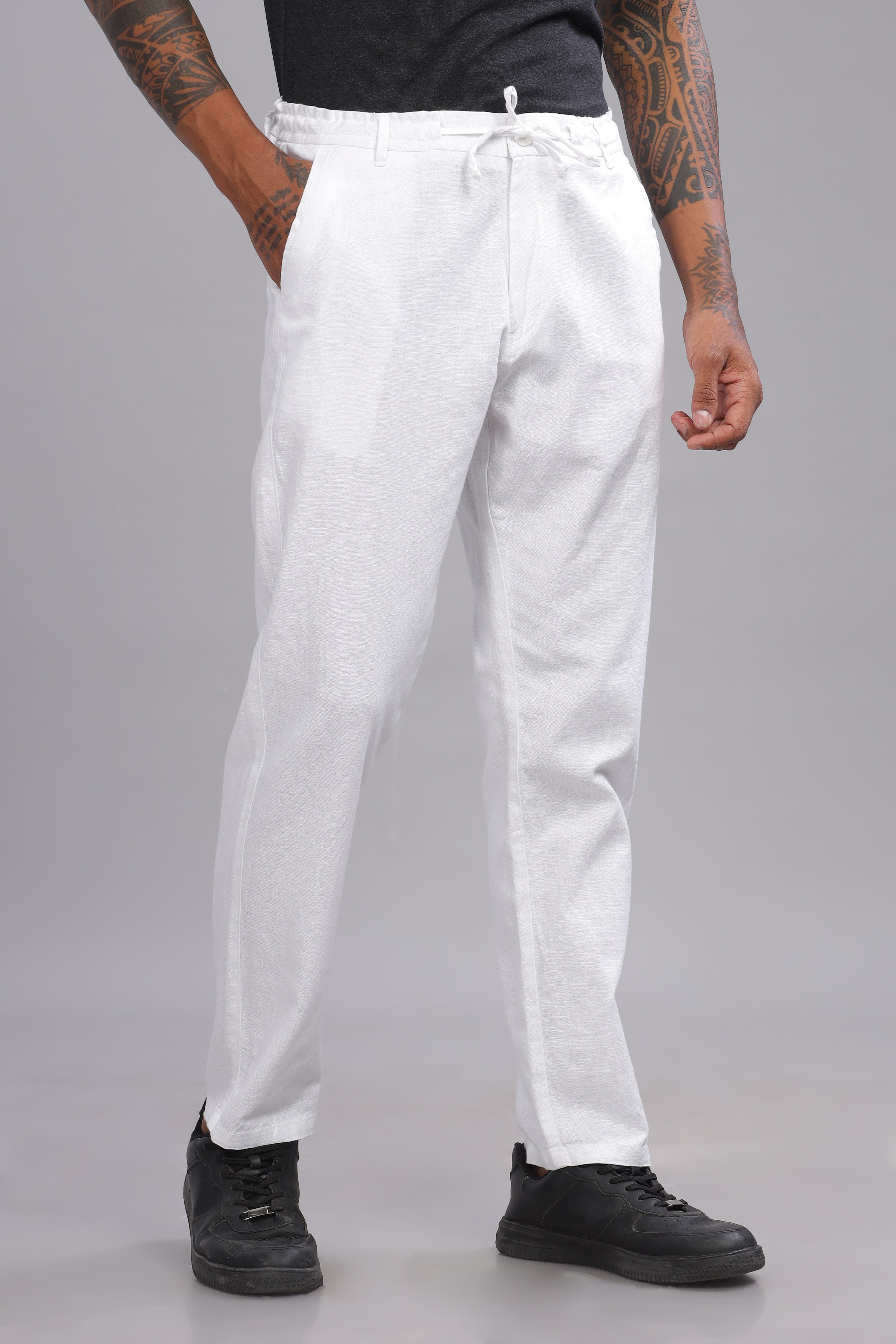 Color Hunt Men's White Full Length Tapered Fit Linen Trouser - Colorhunt