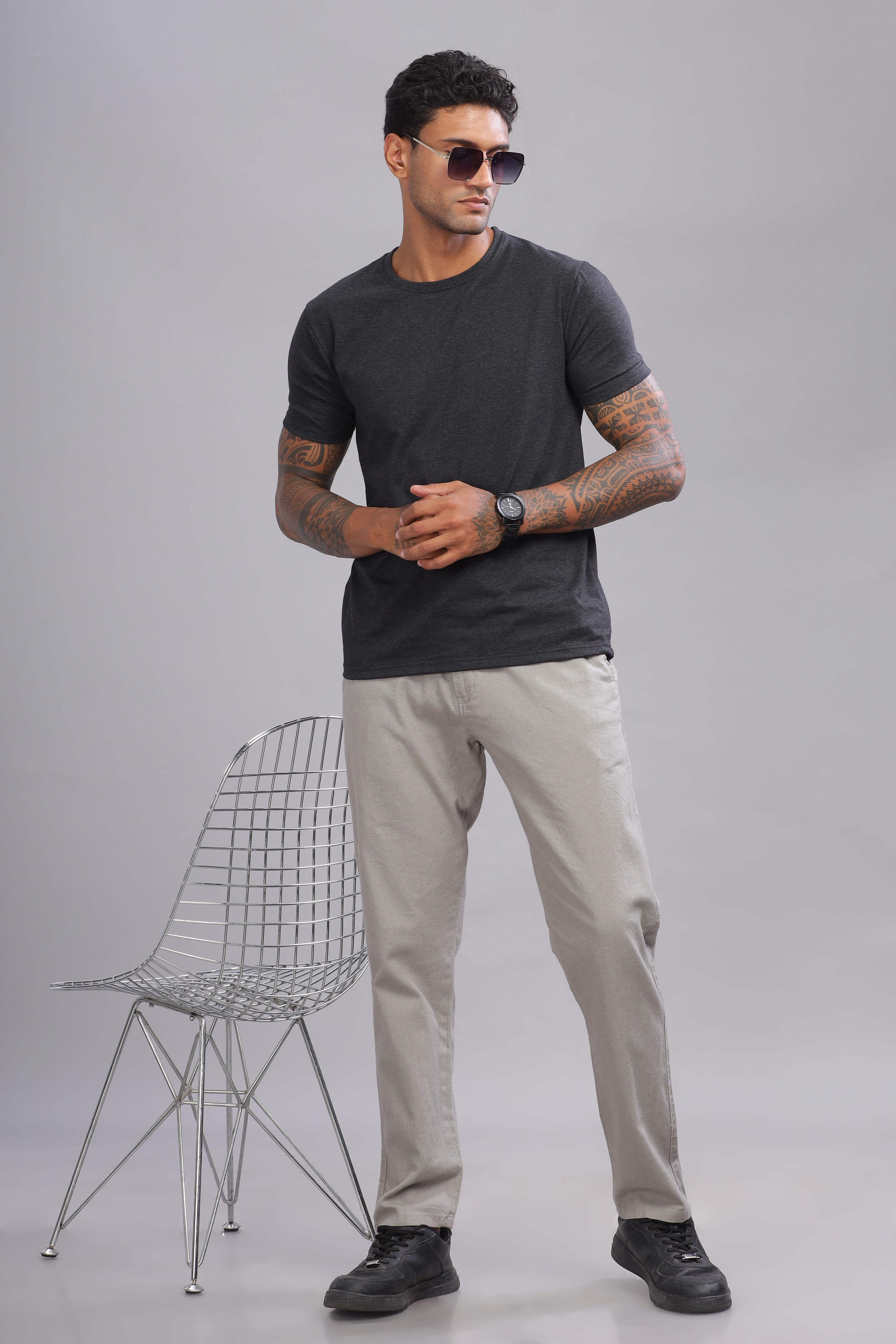 Color Hunt Men's Grey Full Length Tapered Fit Linen Trouser - Colorhunt