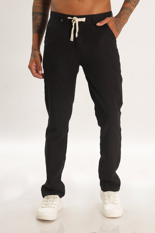 Color Hunt Black Oxford Linen Solid Linen Trouser - Tappered Fit