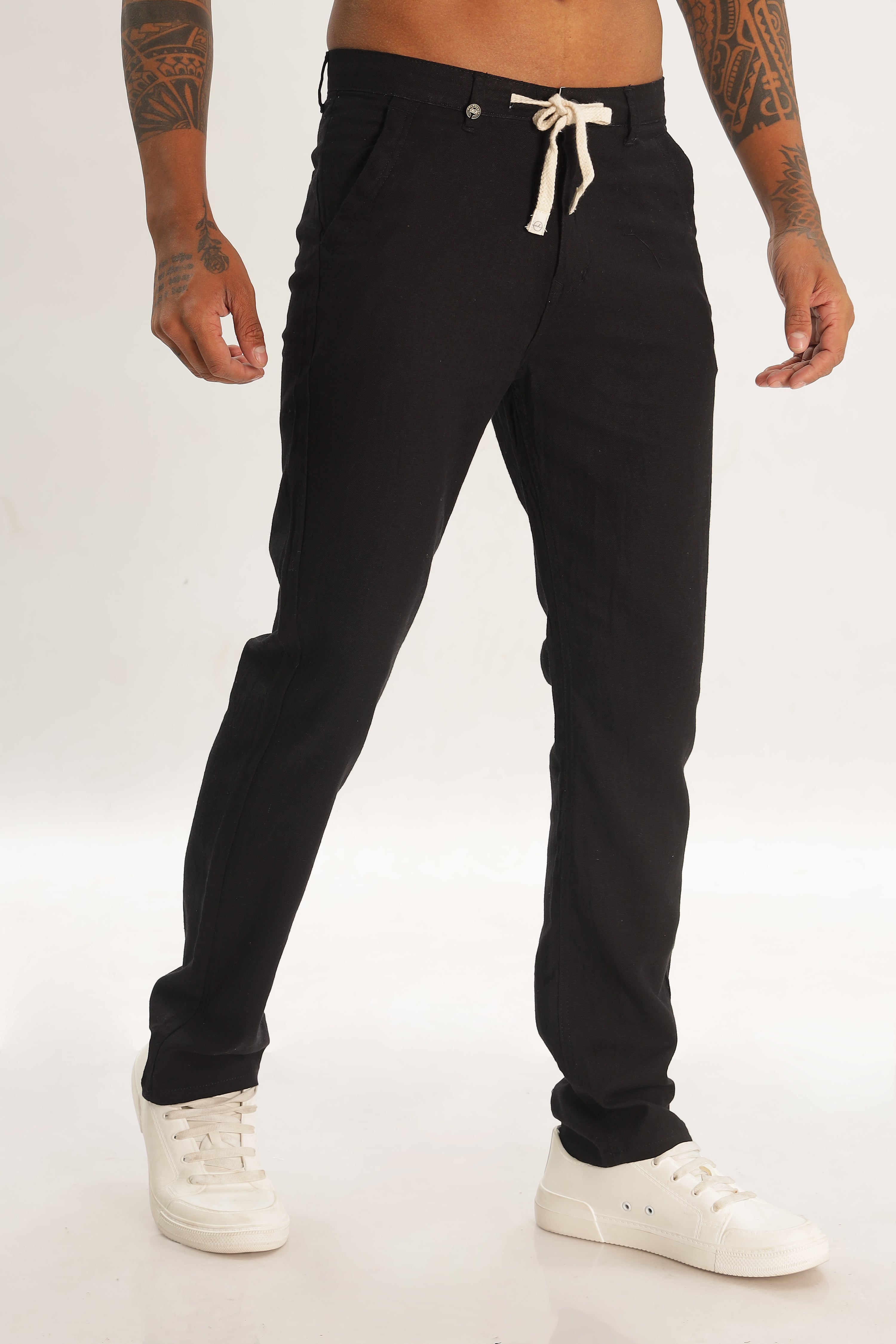 Color Hunt Men's Black Full Length Tappered Fit Linen Trouser