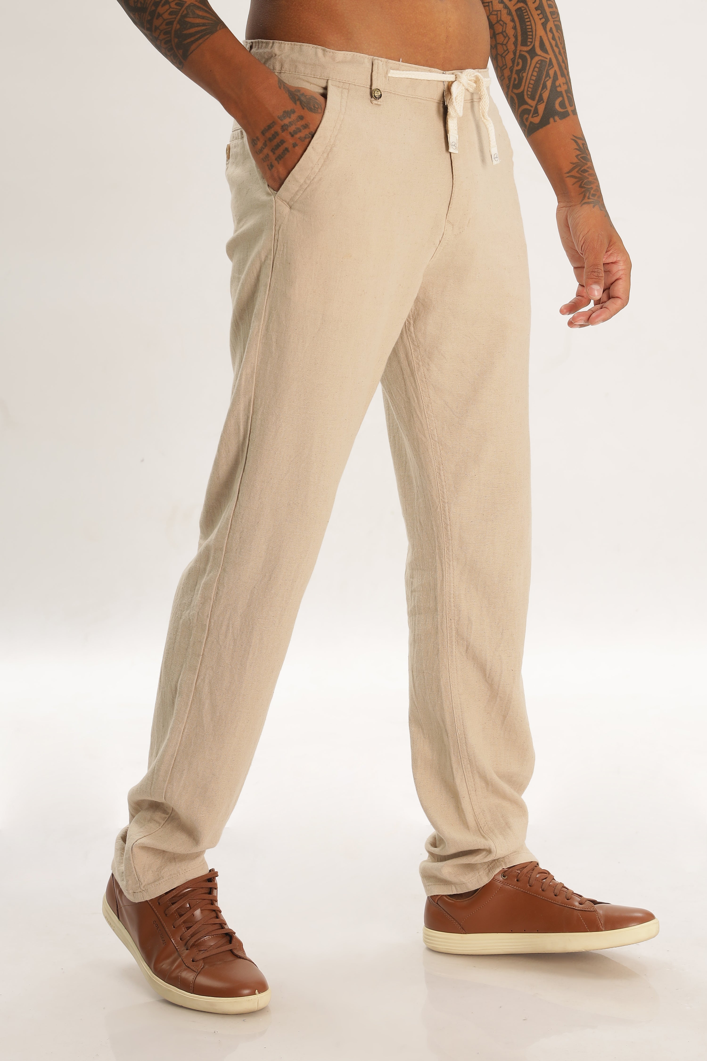 Color Hunt Men's Beige Full Length Tappered Fit Linen Trouser