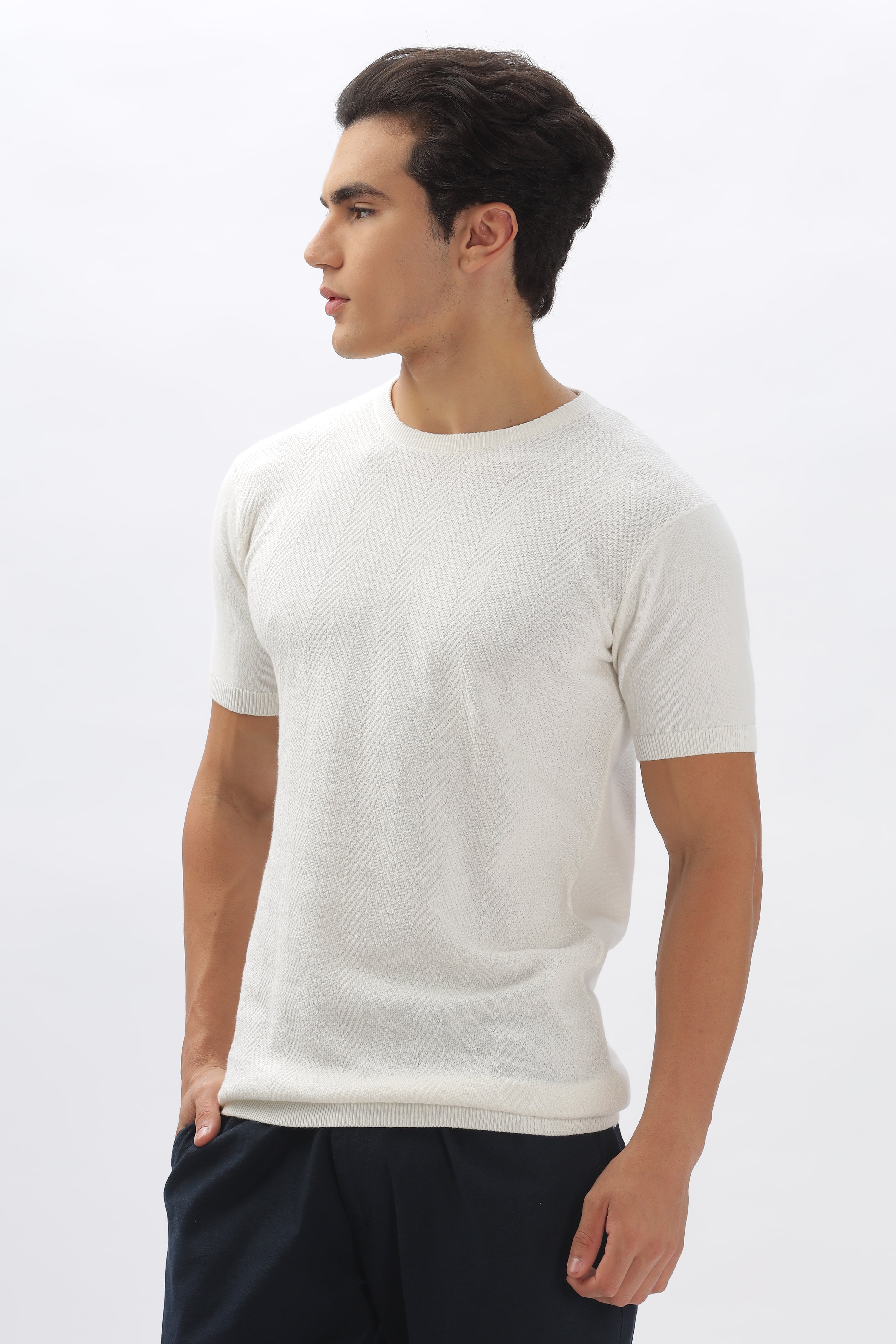 Color Hunt Men's Cotton White Half Sleeve Solid Knitted Tshirt - Colorhunt