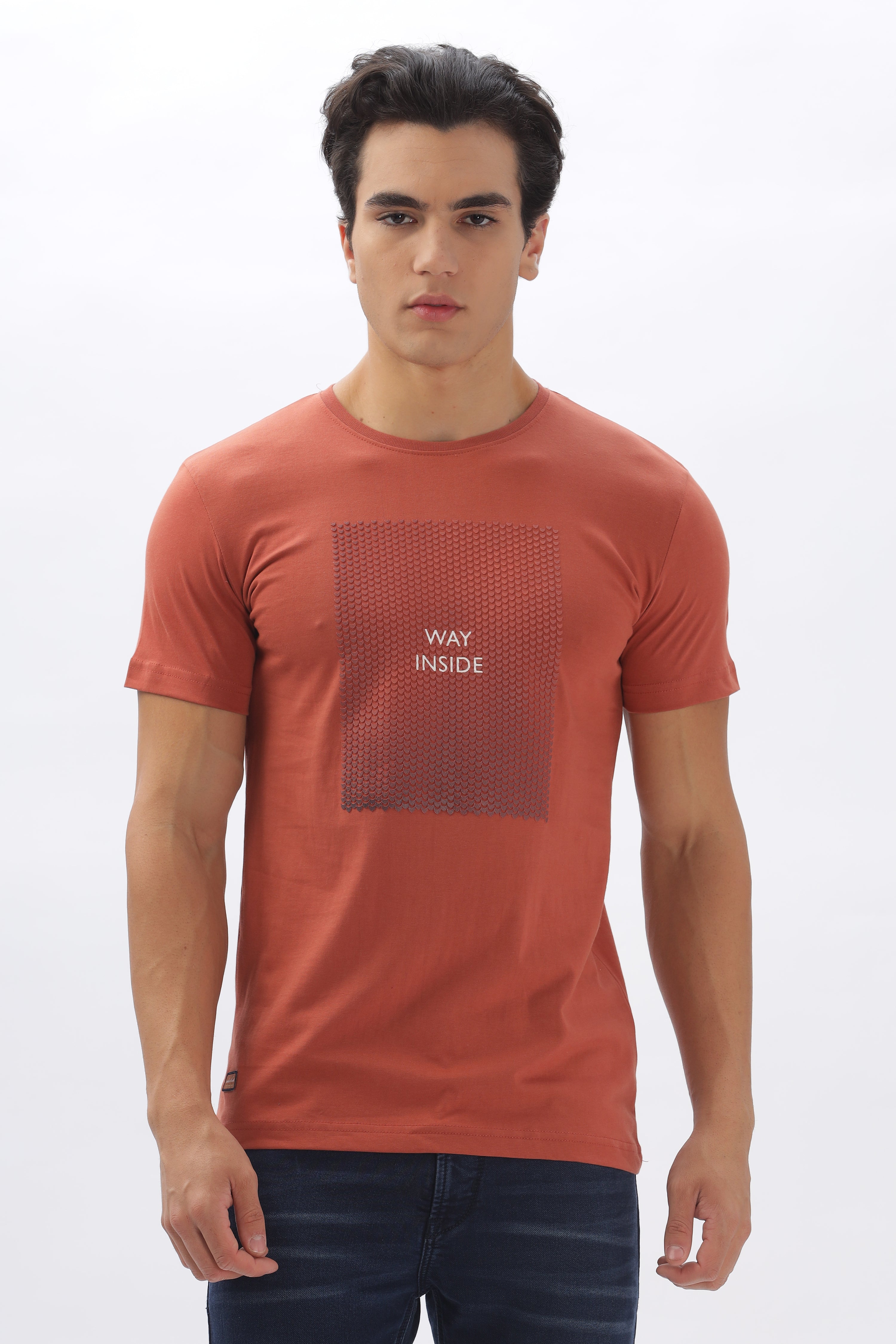 Color Hunt Men's Cotton Brick Red Half Sleeve Printed Regular Tshirt - Colorhunt