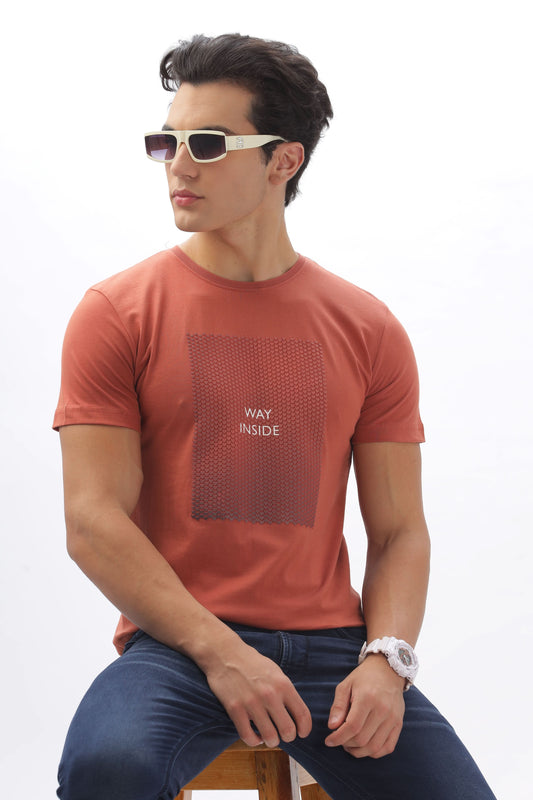 Color Hunt Men's Cotton Brick Red Half Sleeve Printed Regular Tshirt - Colorhunt