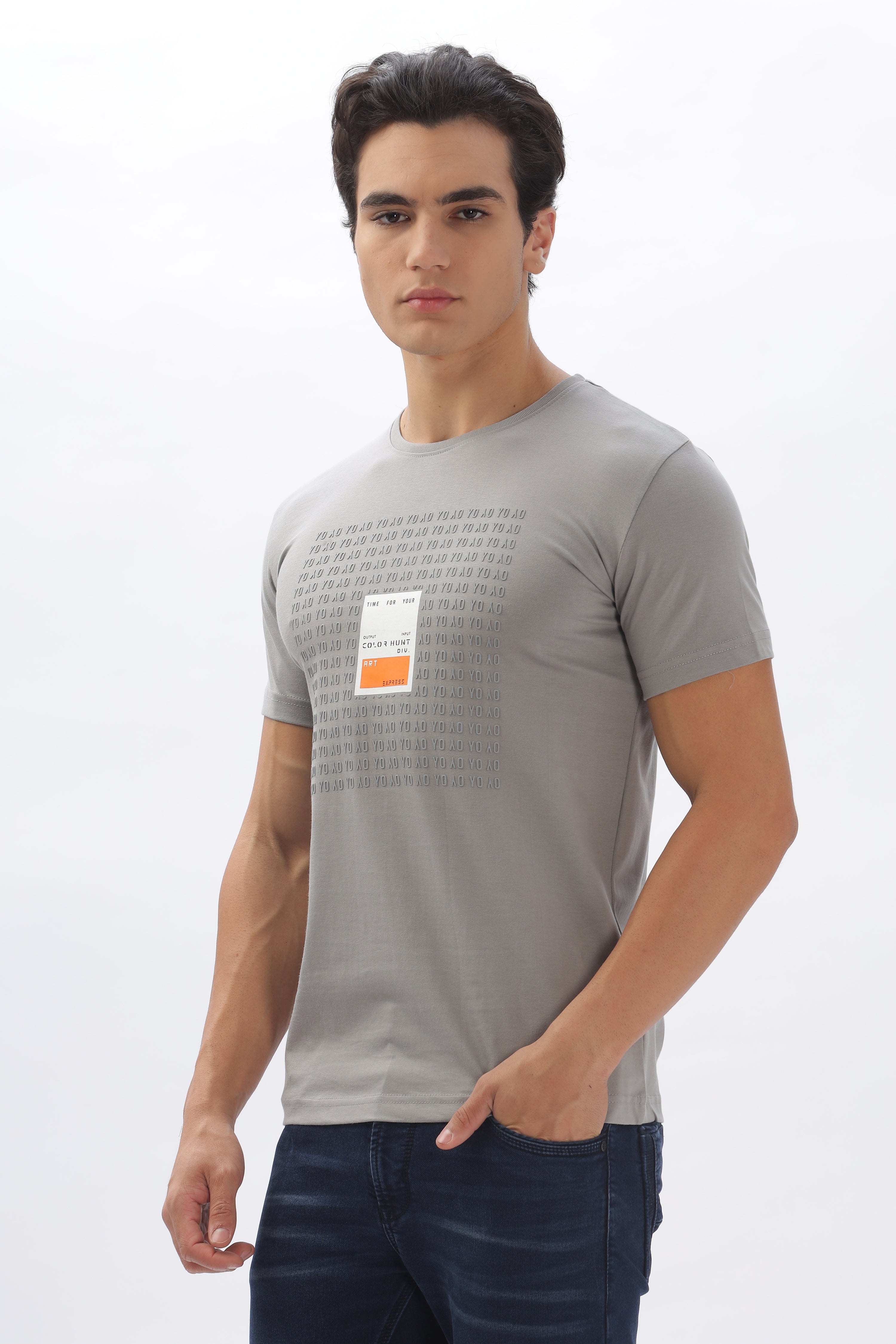 Color Hunt Men's Cotton Grey Half Sleeve Printed Regular Tshirt - Colorhunt