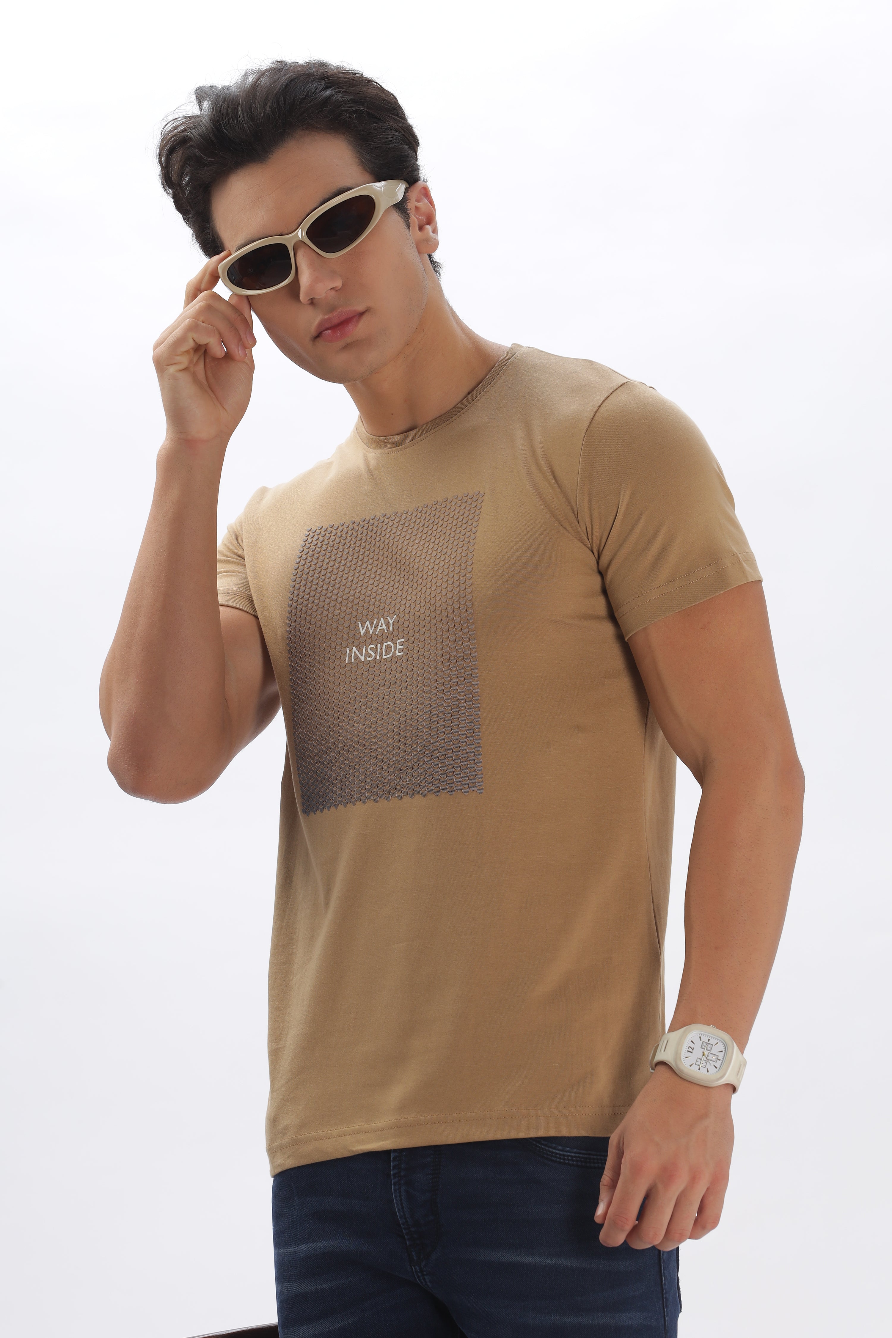 Color Hunt Men's Cotton Light Brown Half Sleeve Printed Regular Tshirt - Colorhunt