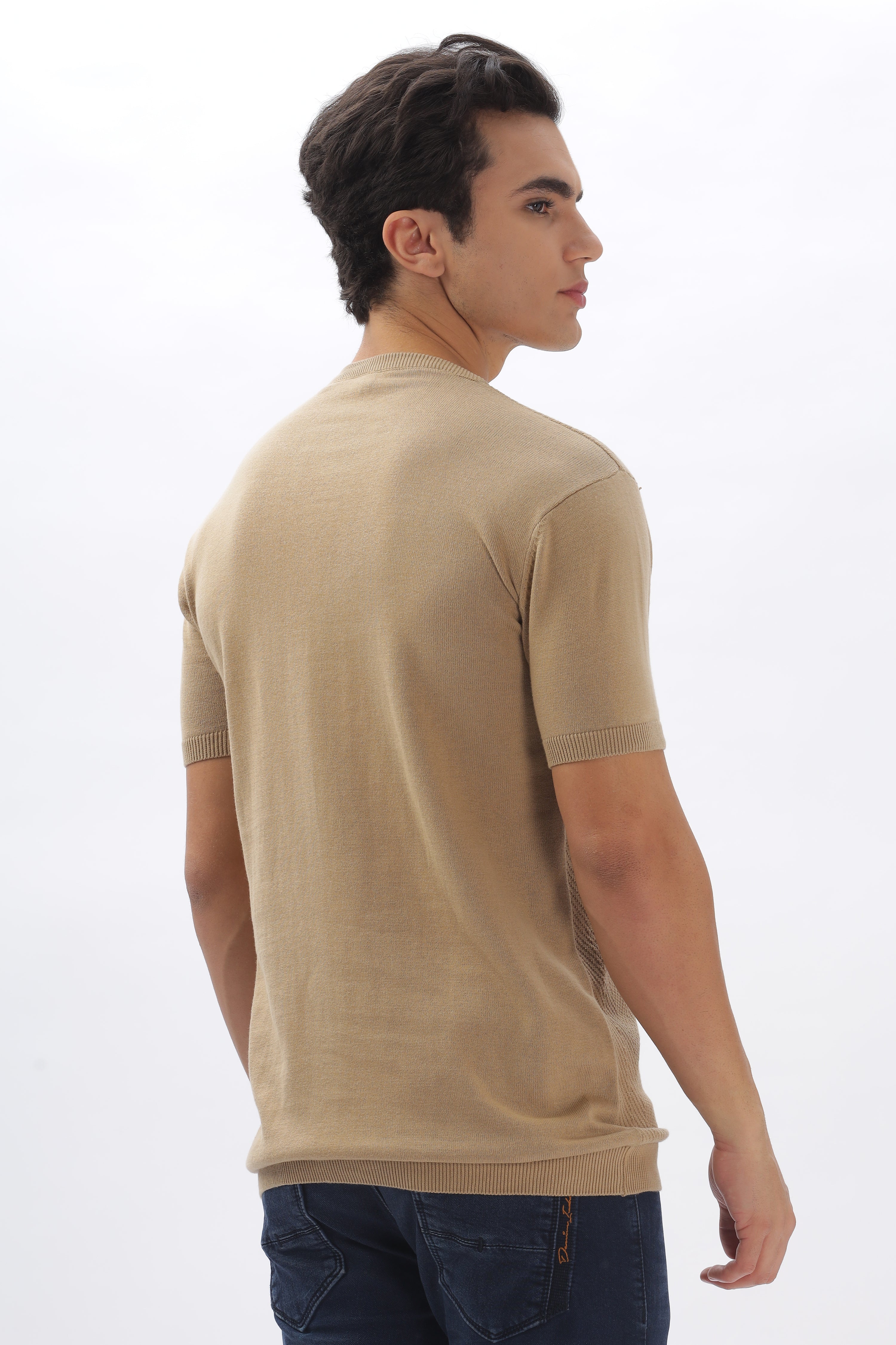 Color Hunt Men's Cotton Beige Half Sleeve Solid Knitted Tshirt - Colorhunt