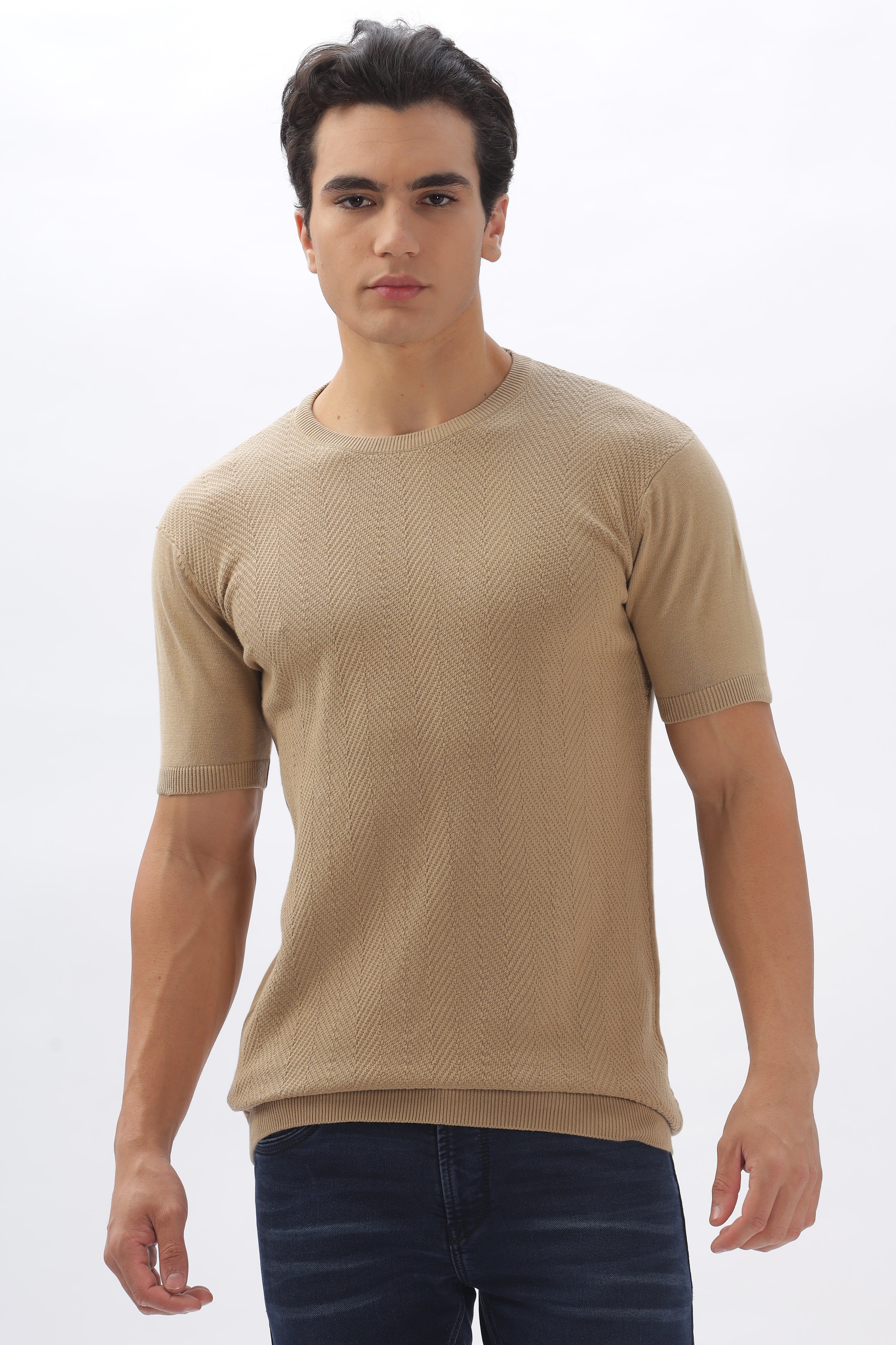 Color Hunt Men's Cotton Beige Half Sleeve Solid Knitted Tshirt - Colorhunt