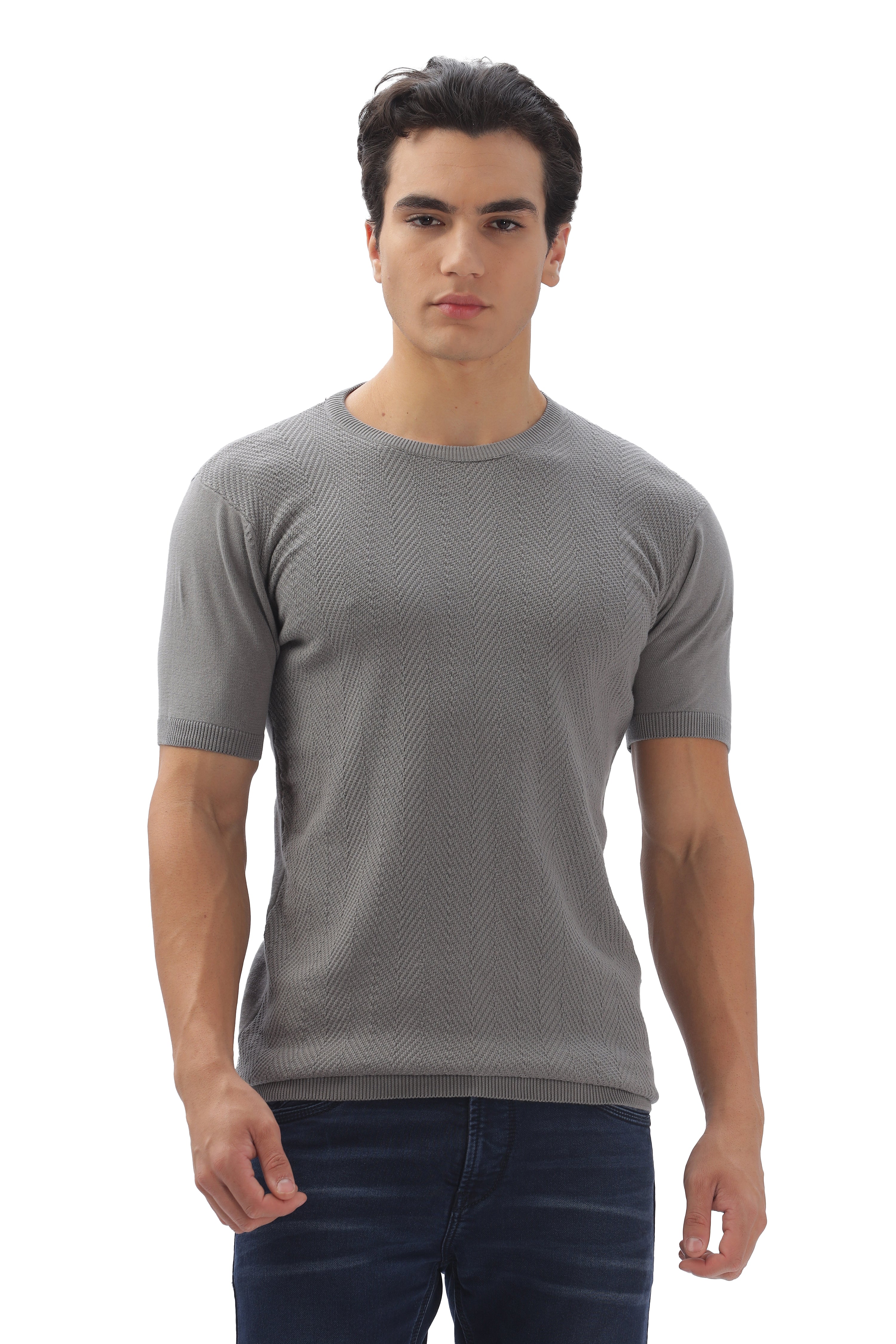 Color Hunt Men's Cotton Grey Half Sleeve Solid Knitted Tshirt - Colorhunt