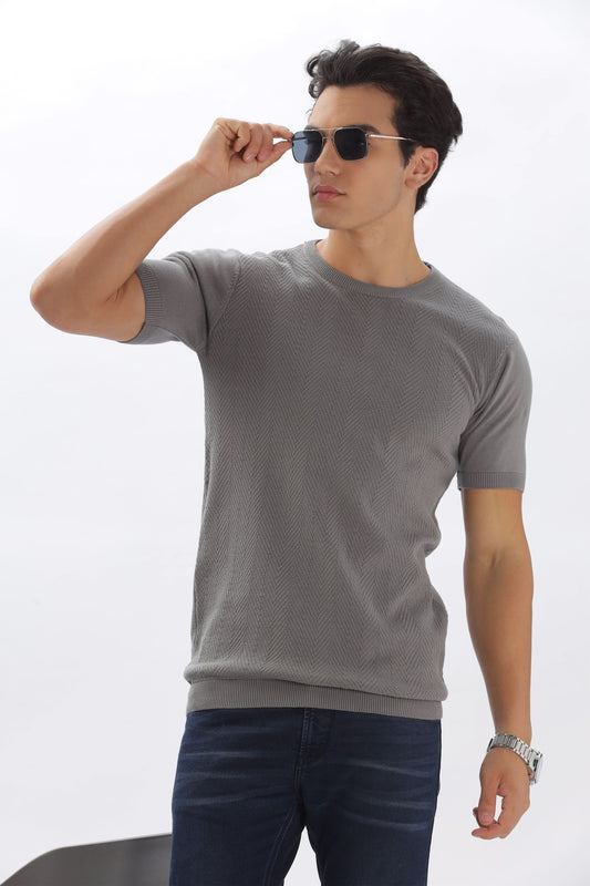 Color Hunt Men's Cotton Grey Half Sleeve Solid Knitted Tshirt - Colorhunt