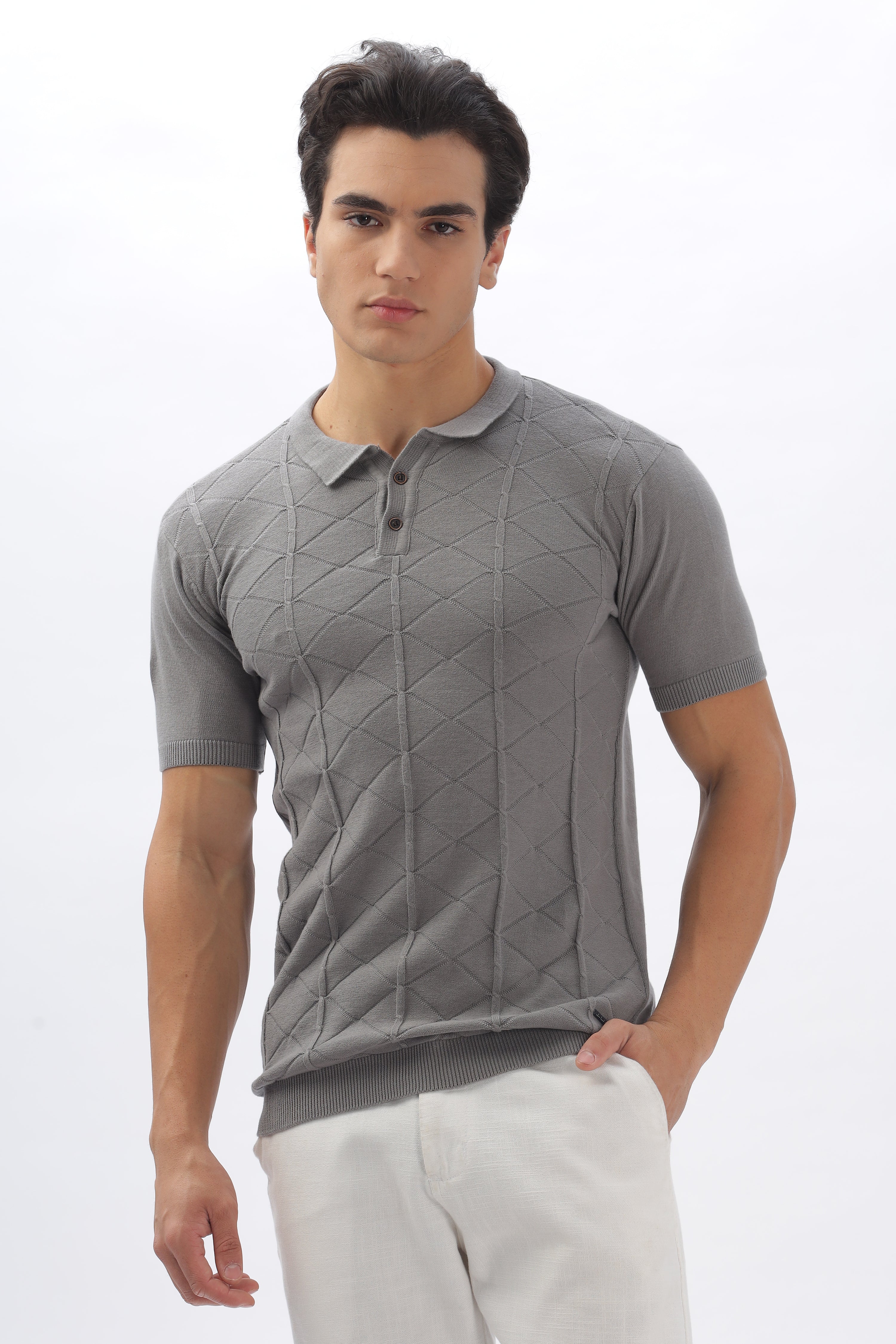 Color Hunt Men's Cotton Grey Half Sleeve Solid Knitted Polo T-shirt - Colorhunt