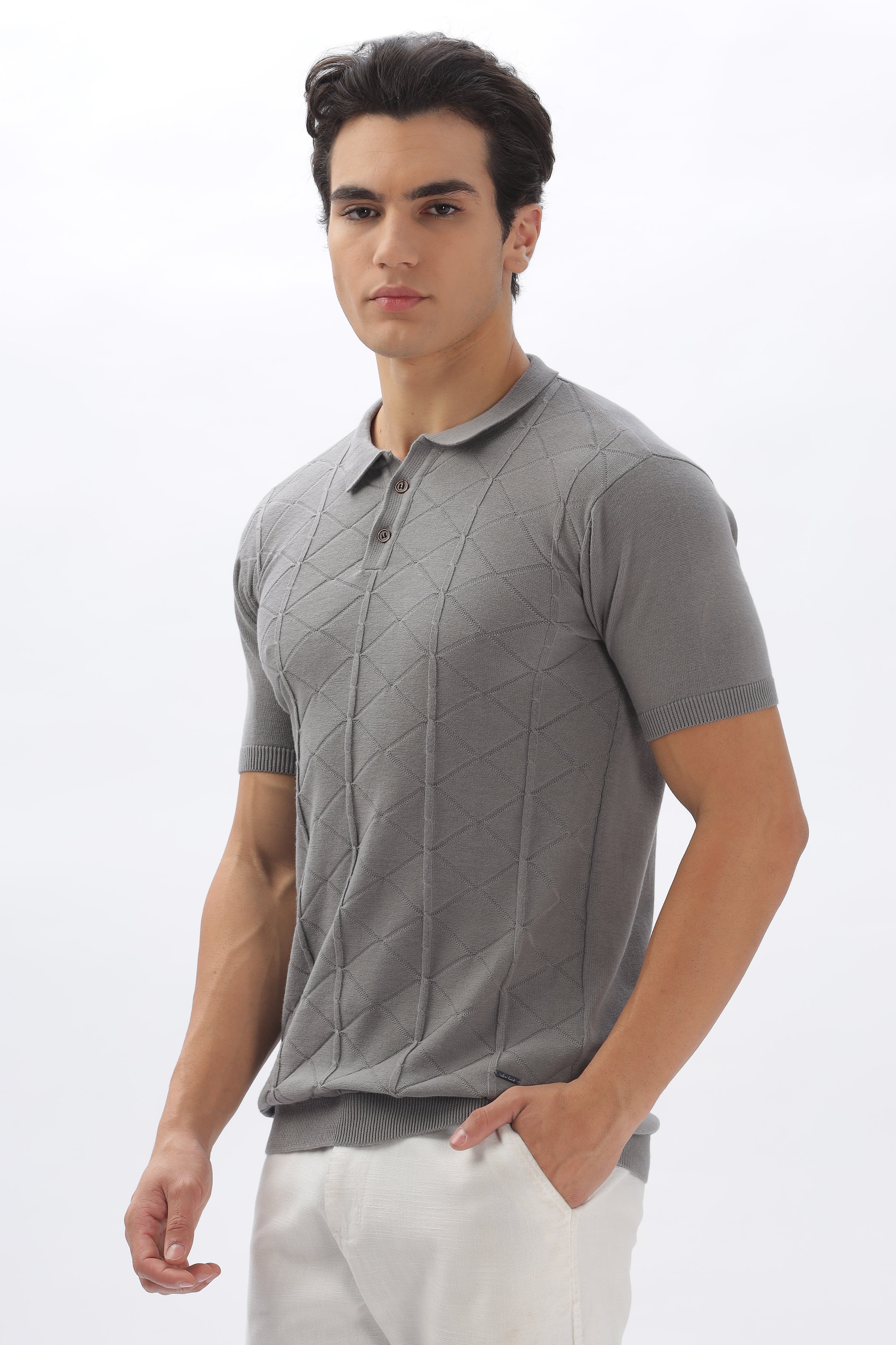 Color Hunt Men's Cotton Grey Half Sleeve Solid Knitted Polo T-shirt - Colorhunt