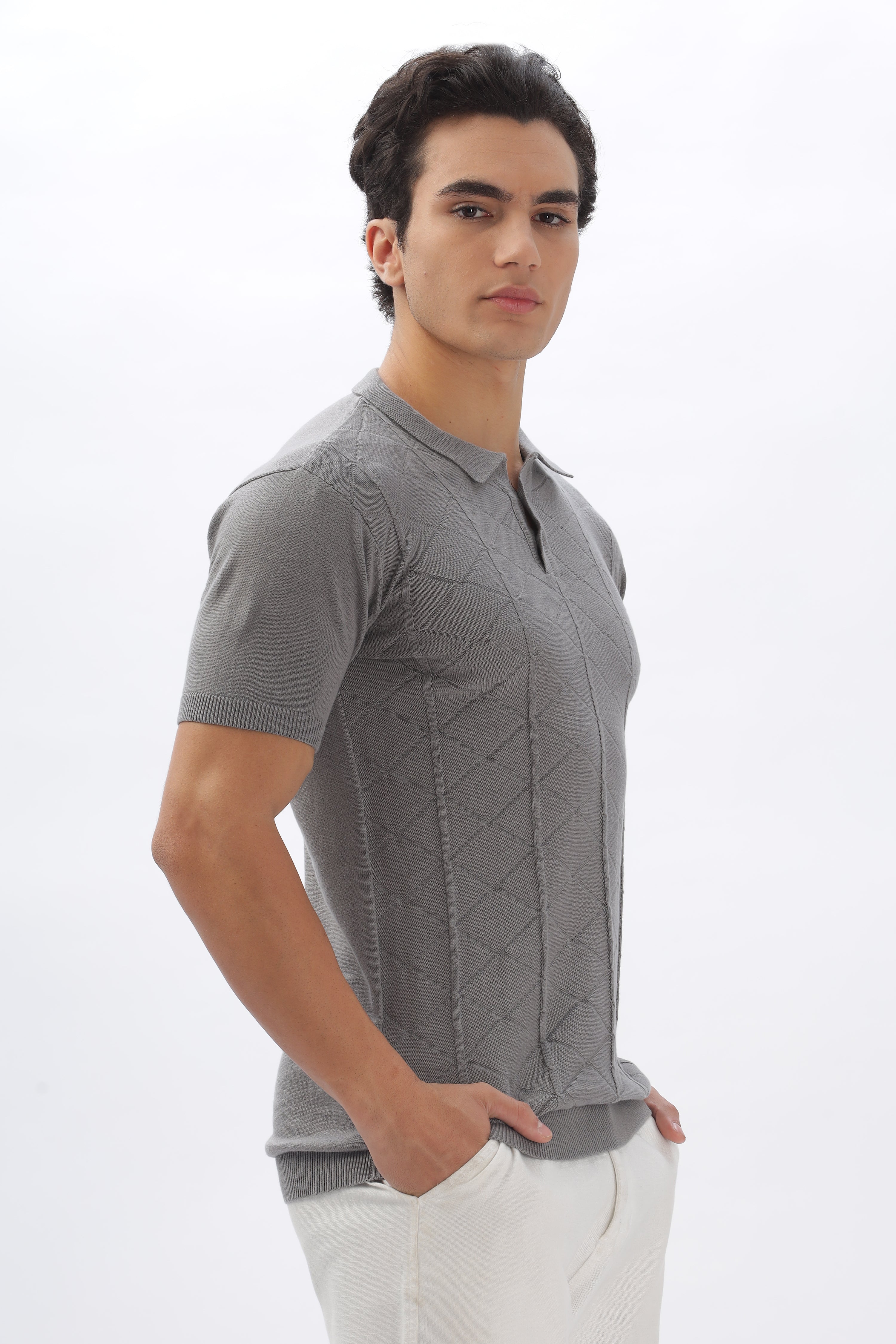 Color Hunt Men's Cotton Grey Half Sleeve Solid Knitted Polo T-shirt - Colorhunt