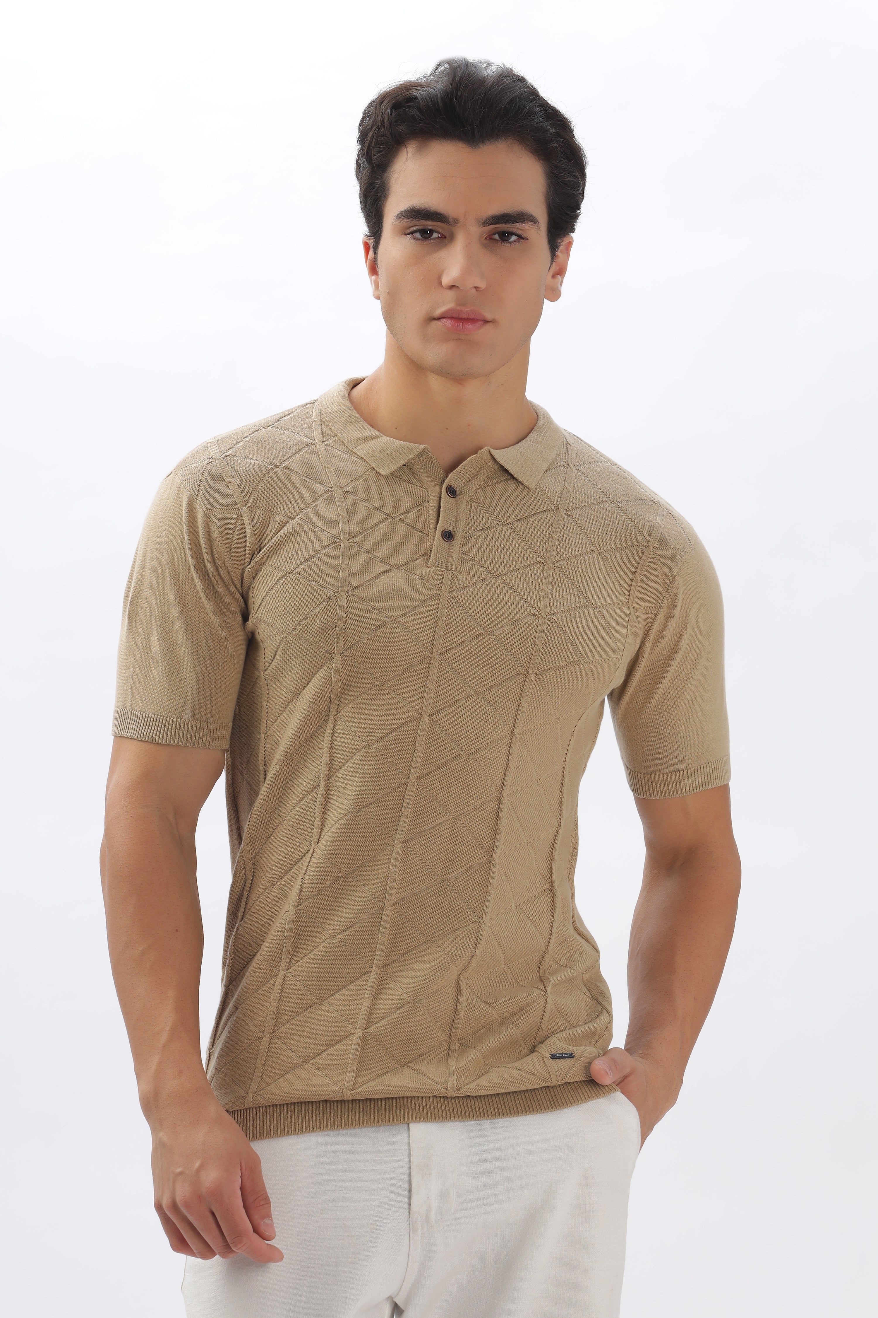 Color Hunt Men's Cotton Beige Half Sleeve Solid Knitted Polo T-shirt - Colorhunt