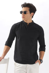 Color Hunt Men's Cotton Black Full Sleeve Solid Short Kurta