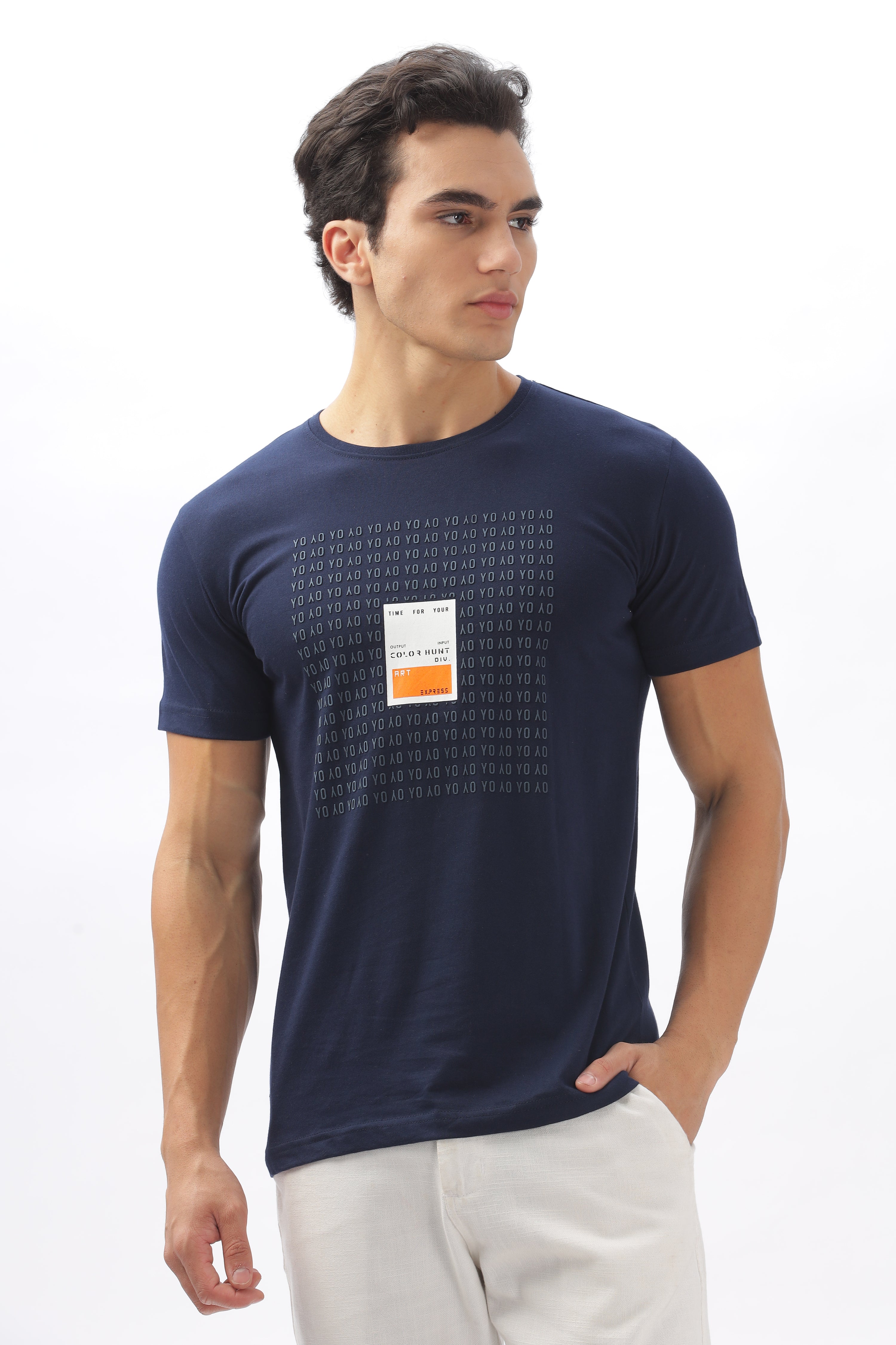 Color Hunt Men's Cotton Navy Half Sleeve Printed Regular Tshirt - Colorhunt