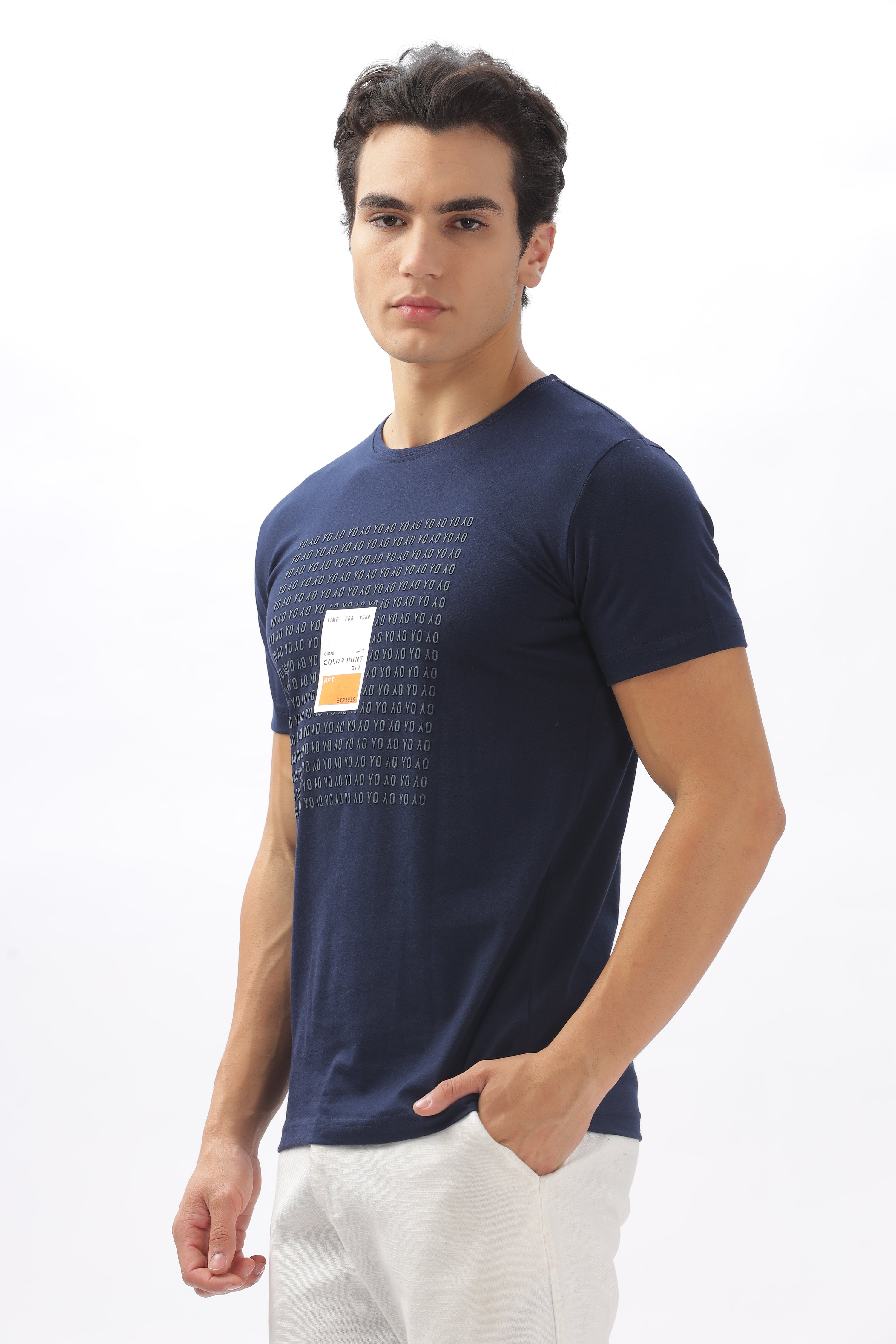 Color Hunt Men's Cotton Navy Half Sleeve Printed Regular Tshirt - Colorhunt