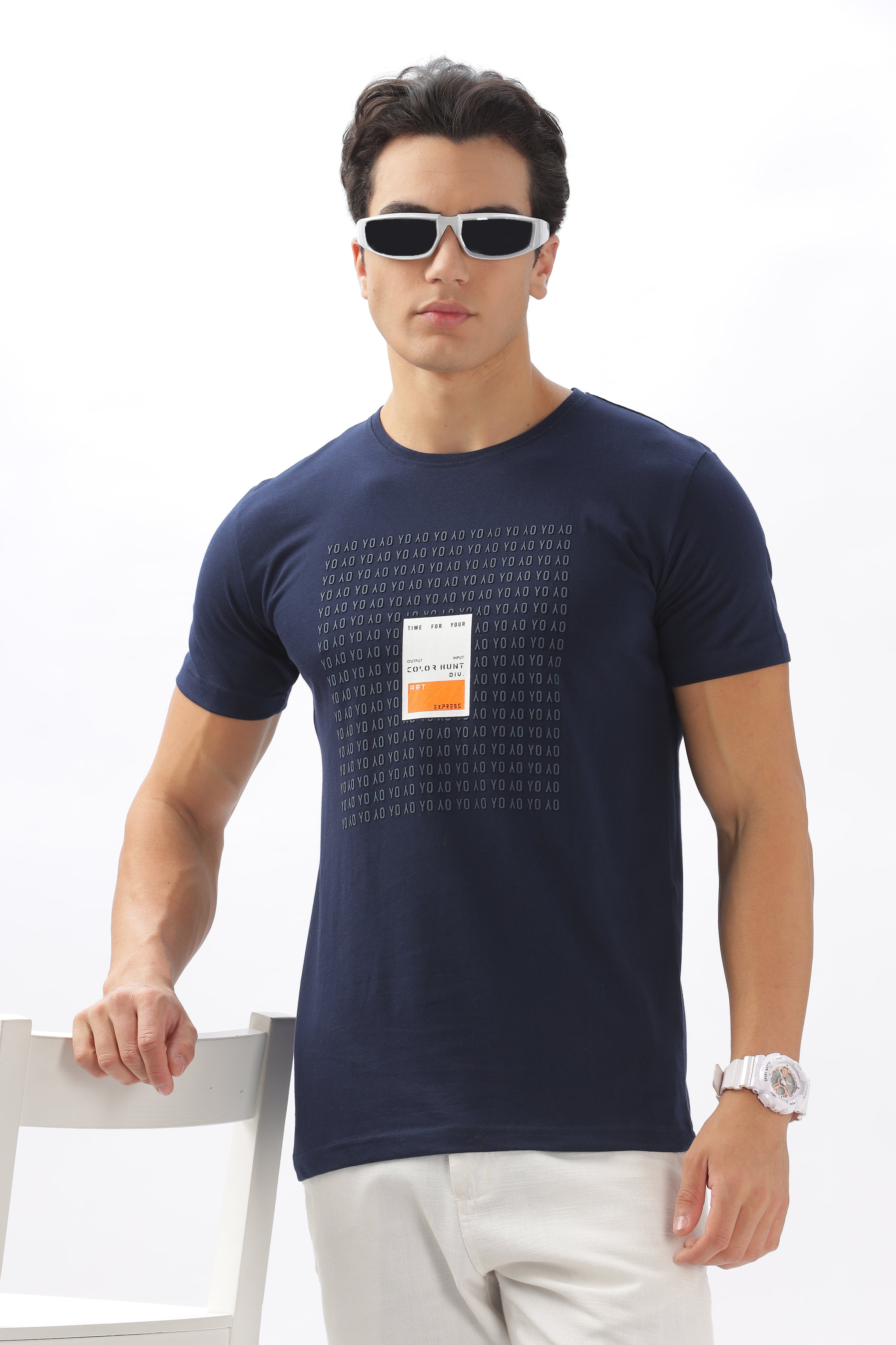 Color Hunt Men's Cotton Navy Half Sleeve Printed Regular Tshirt - Colorhunt